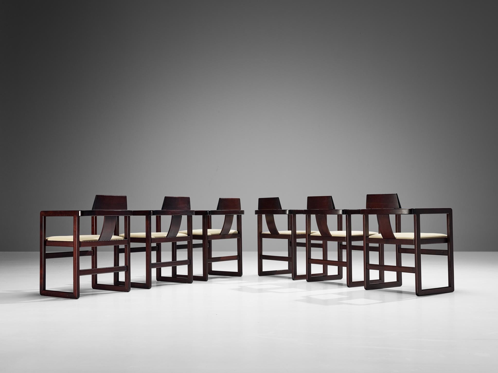 Italian Set of Six Geometric Armchairs in Stained Wood seating Morentz