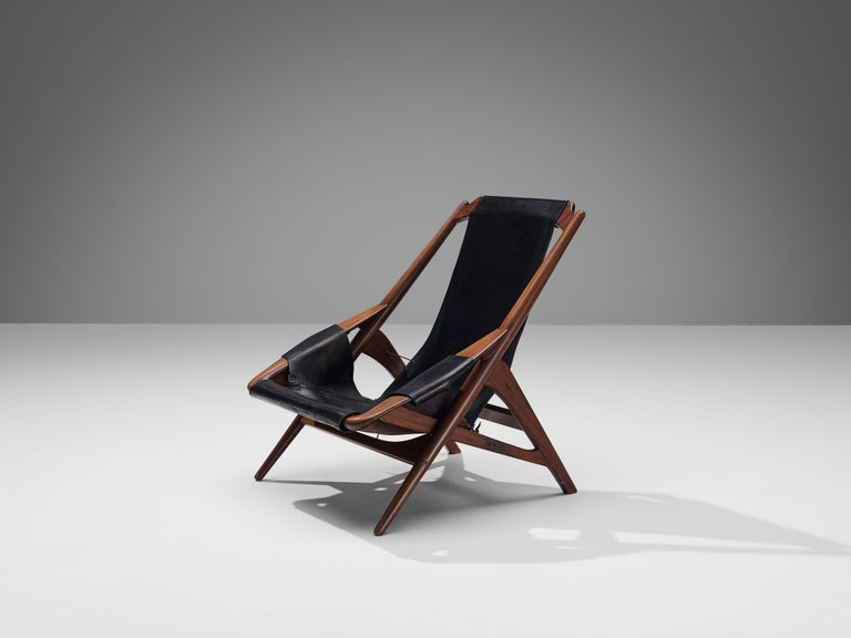 W. Andersag Pair of Lounge Chairs in Patinated Black Leather and Teak
