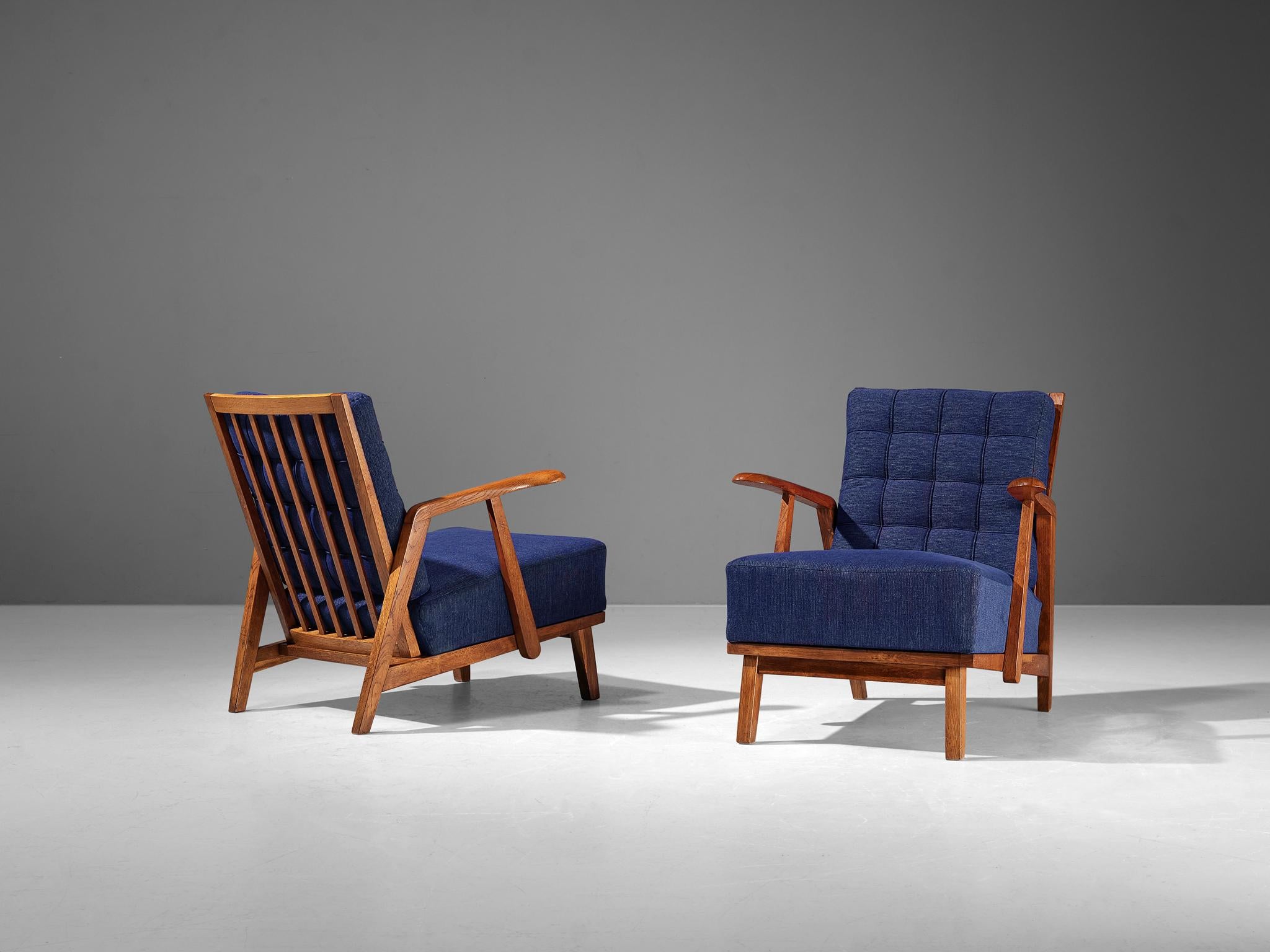 Pair of Lounge Chairs in Oak With Slatted Backs in Dark Blue Upholstery seating Morentz