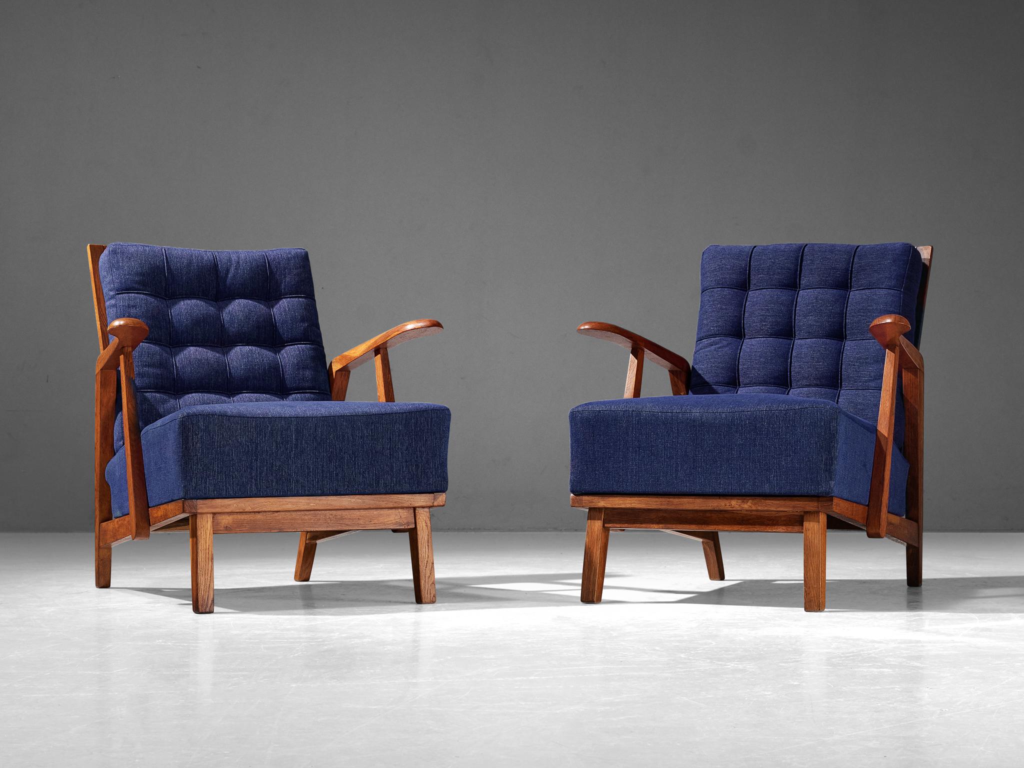 Pair of Lounge Chairs in Oak With Slatted Backs in Dark Blue Upholstery seating Morentz