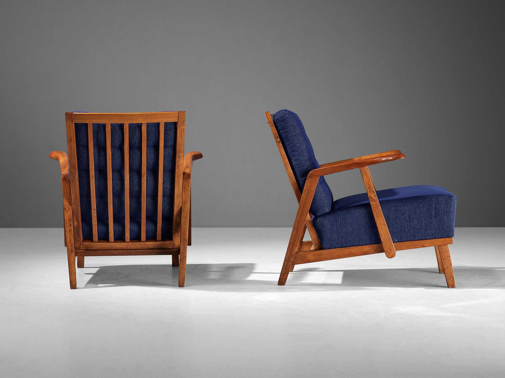 Pair of Lounge Chairs in Oak With Slatted Backs in Dark Blue Upholstery seating Morentz