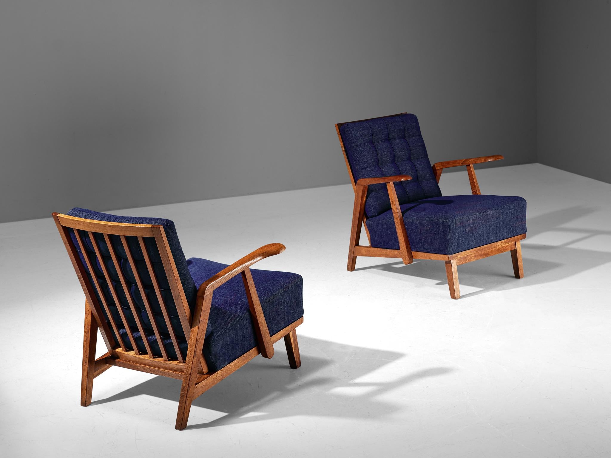 Pair of Lounge Chairs in Oak With Slatted Backs in Dark Blue Upholstery seating Morentz