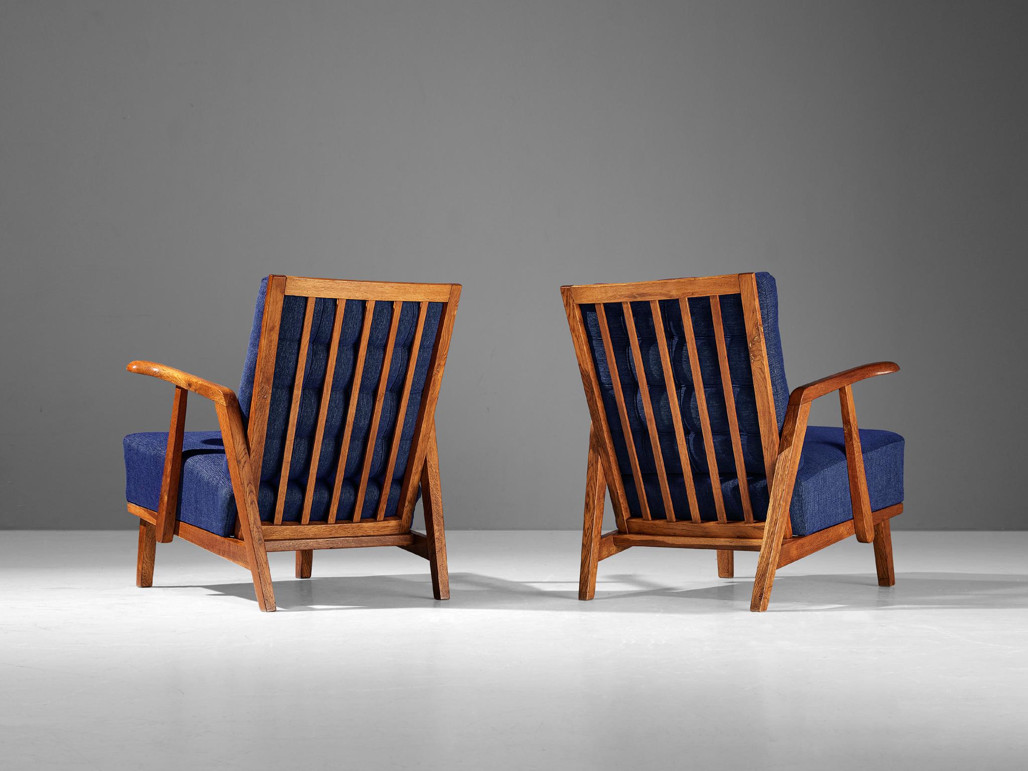 Pair of Lounge Chairs in Oak With Slatted Backs in Dark Blue Upholstery seating Morentz