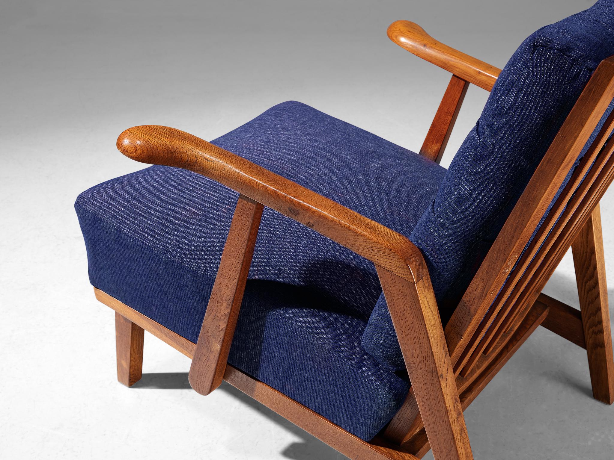 Pair of Lounge Chairs in Oak With Slatted Backs in Dark Blue Upholstery seating Morentz