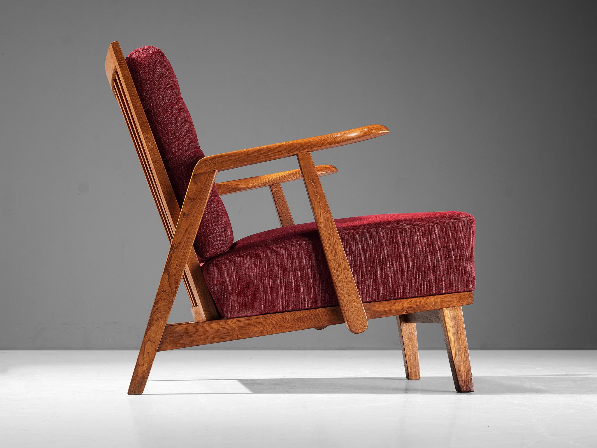 Pair of Lounge Chairs in Oak With Slatted Backs in Red Upholstery seating Morentz
