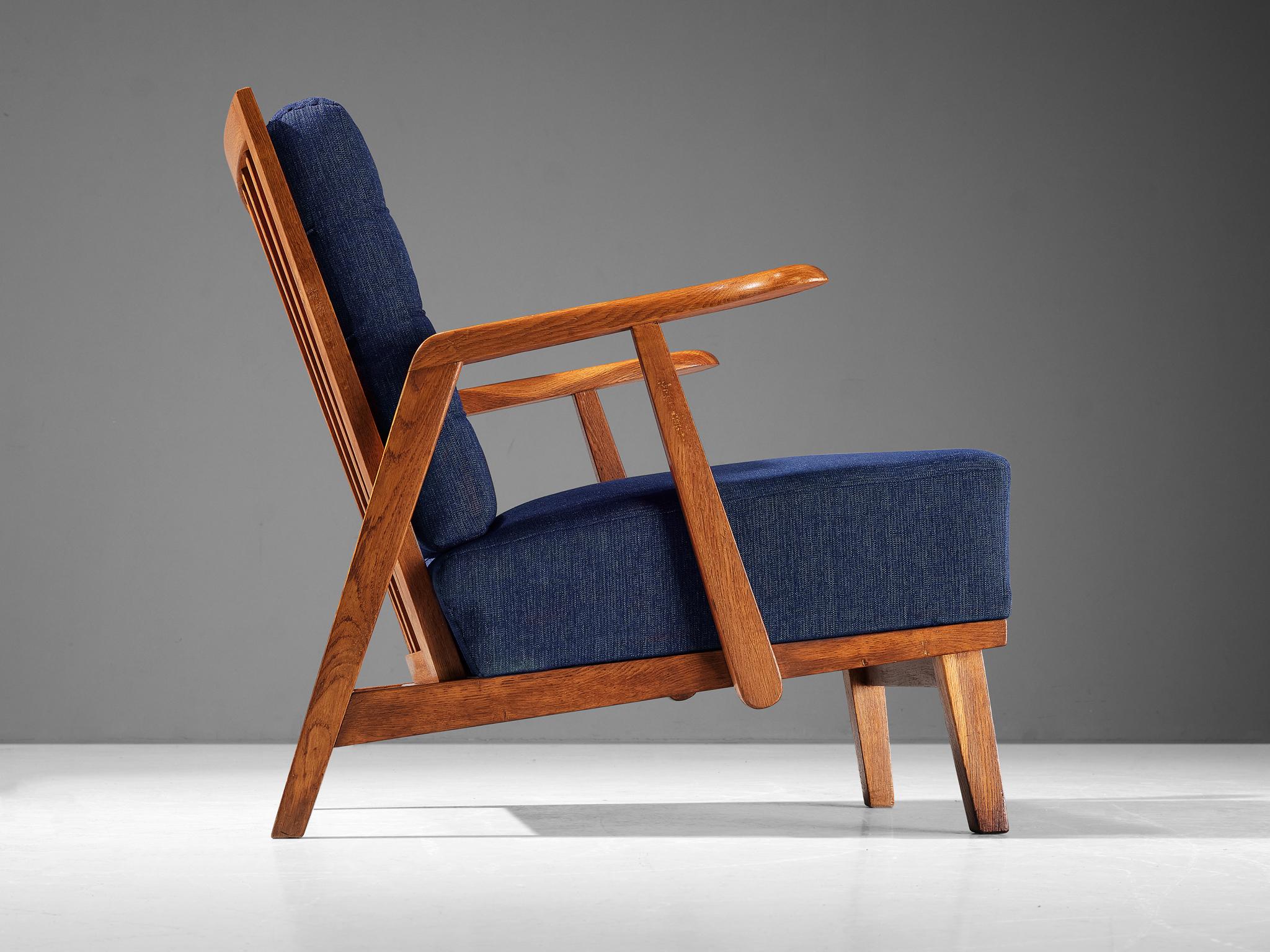 Pair of Lounge Chairs in Oak With Slatted Backs in Dark Blue Upholstery seating Morentz
