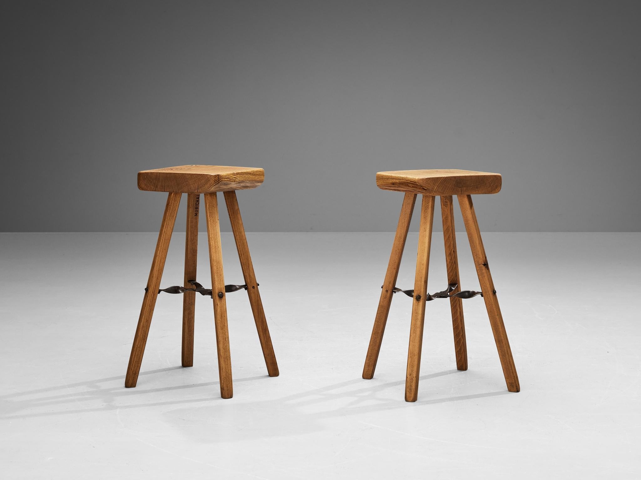 Mobichalet Brutalist Bar Stools in Blond Pine Wood and Iron seating Morentz