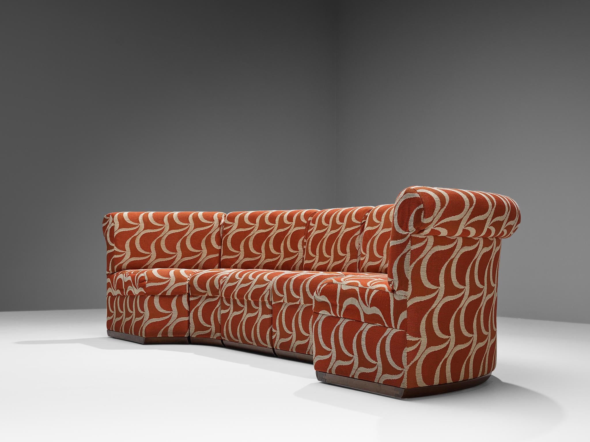 Italian Sectional Sofa in Red Orange Patterned Upholstery