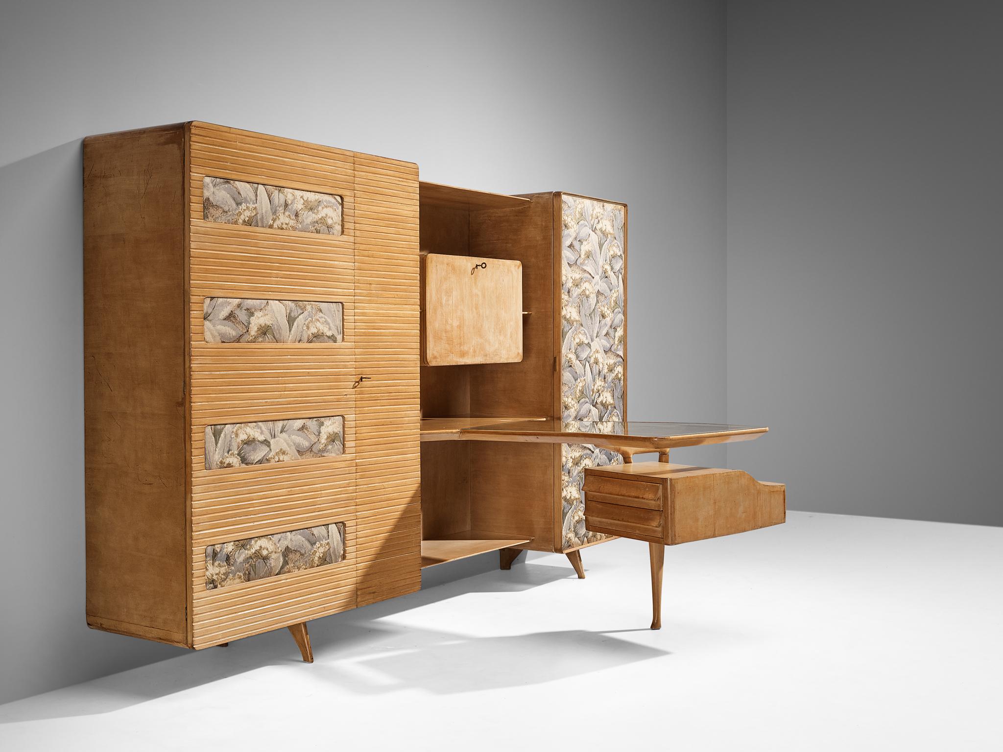Unique Italian Large Wall Unit with Writing Desk in Maple and Birch