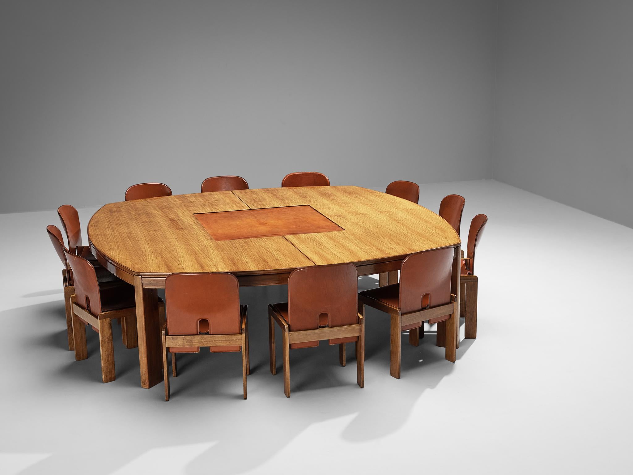 Large Italian Dining or Conference Table in Walnut and Cognac Leather
