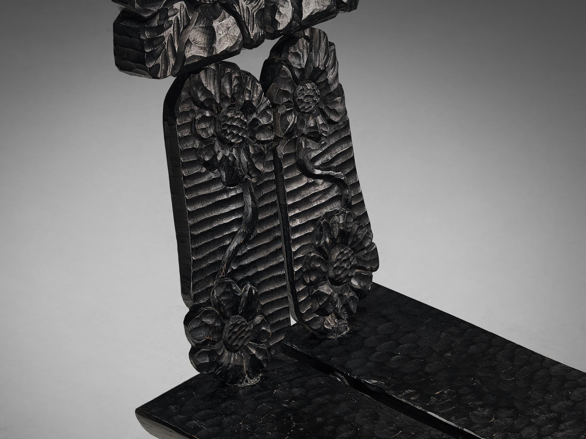 Sculptural Dining Chairs in Black Lacquered Wood with Decorative Carvings seating Morentz