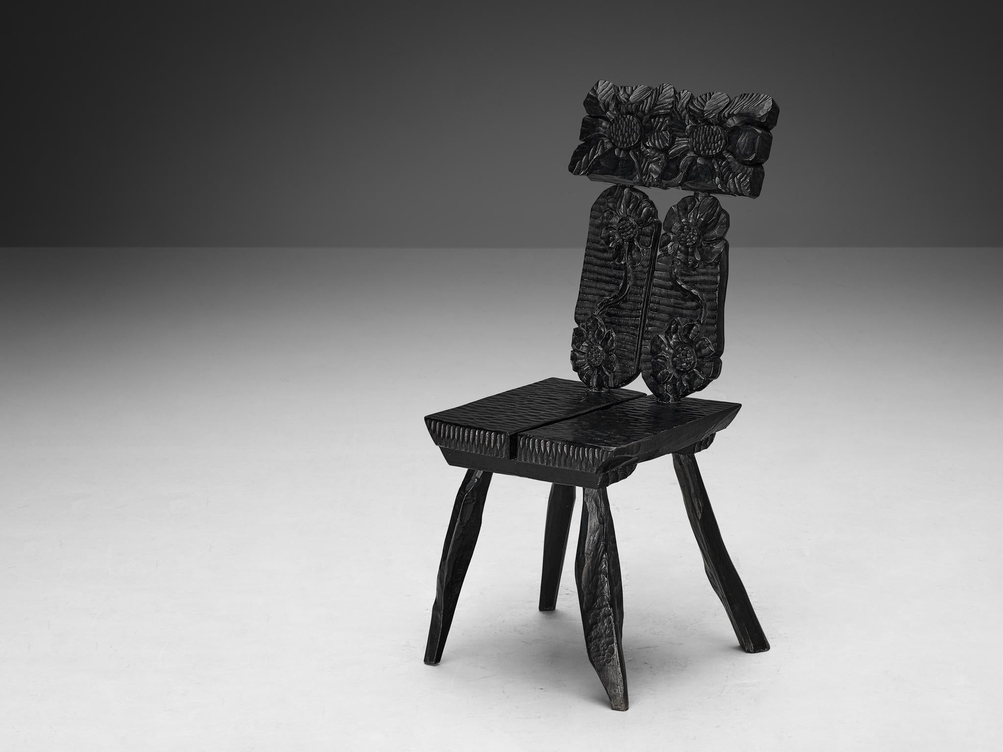 Sculptural Dining Chairs in Black Lacquered Wood with Decorative Carvings seating Morentz