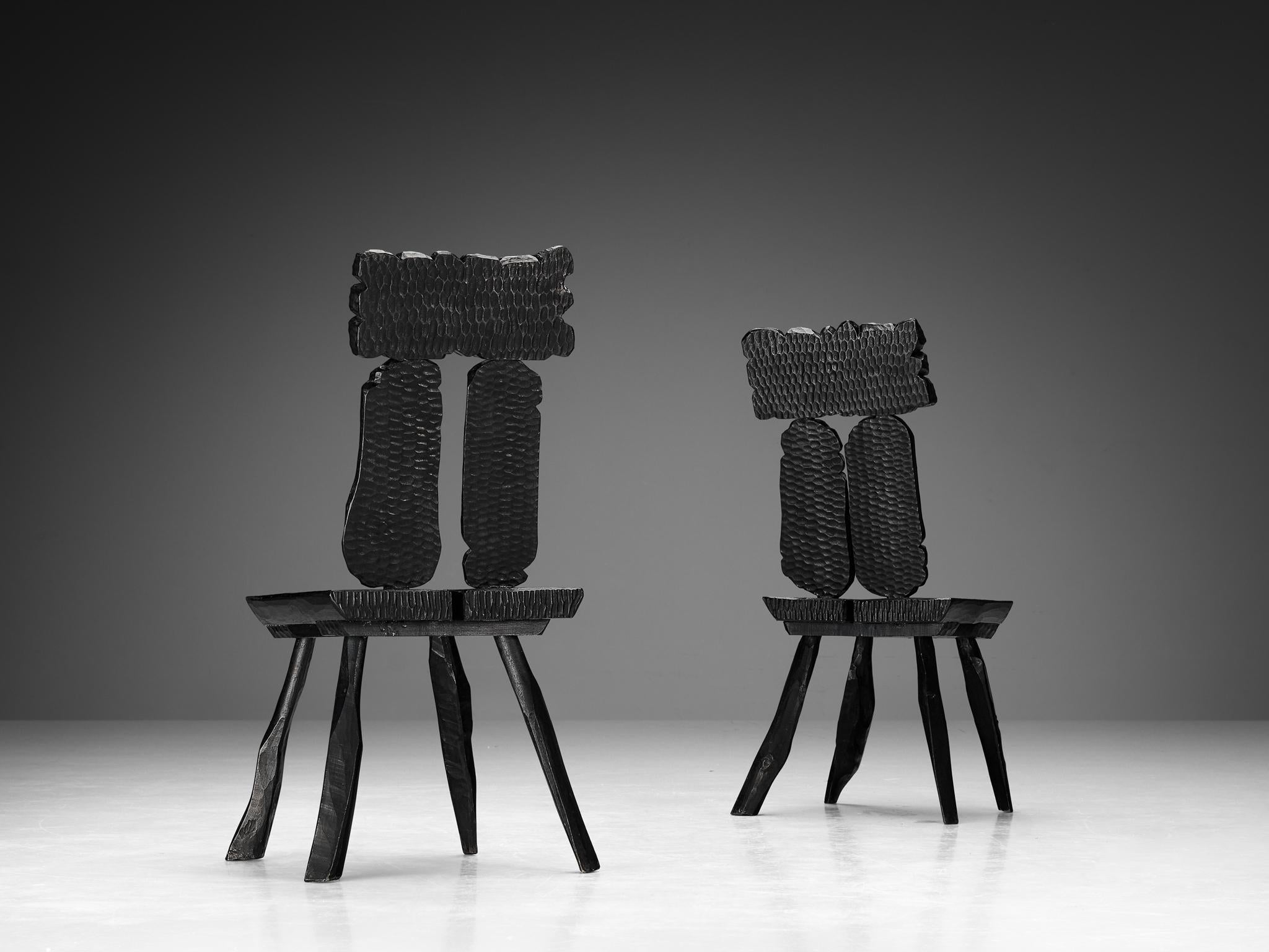 Sculptural Dining Chairs in Black Lacquered Wood with Decorative Carvings seating Morentz