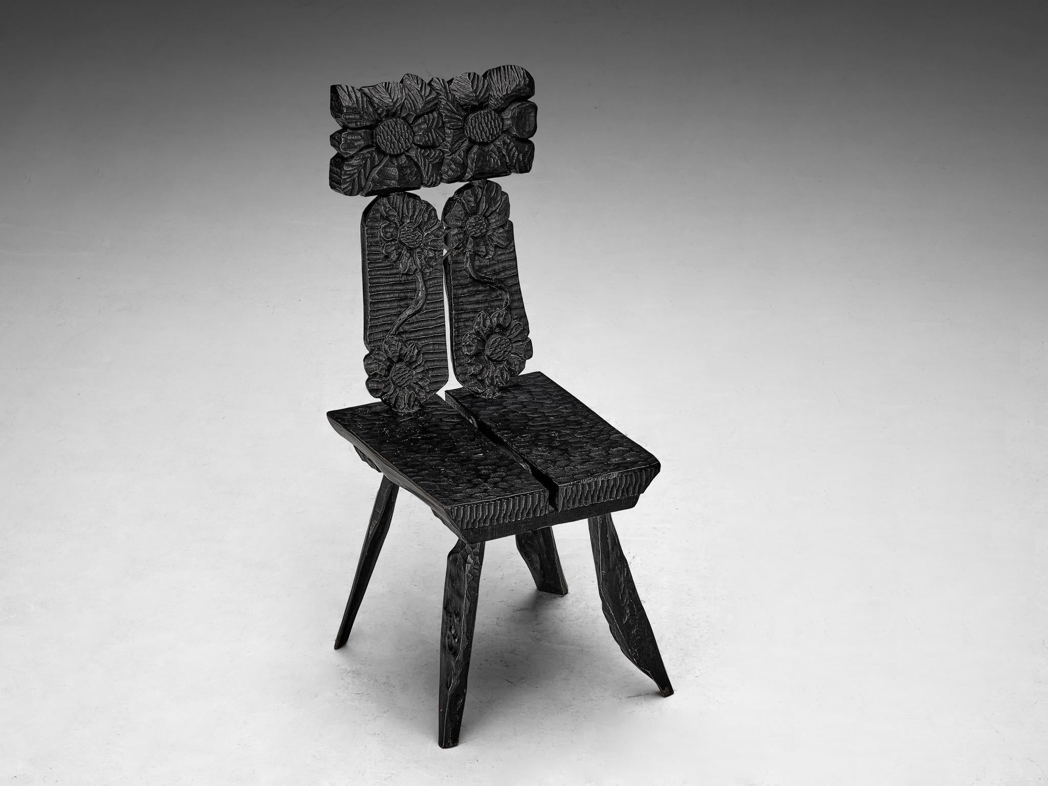 Sculptural Dining Chairs in Black Lacquered Wood with Decorative Carvings seating Morentz
