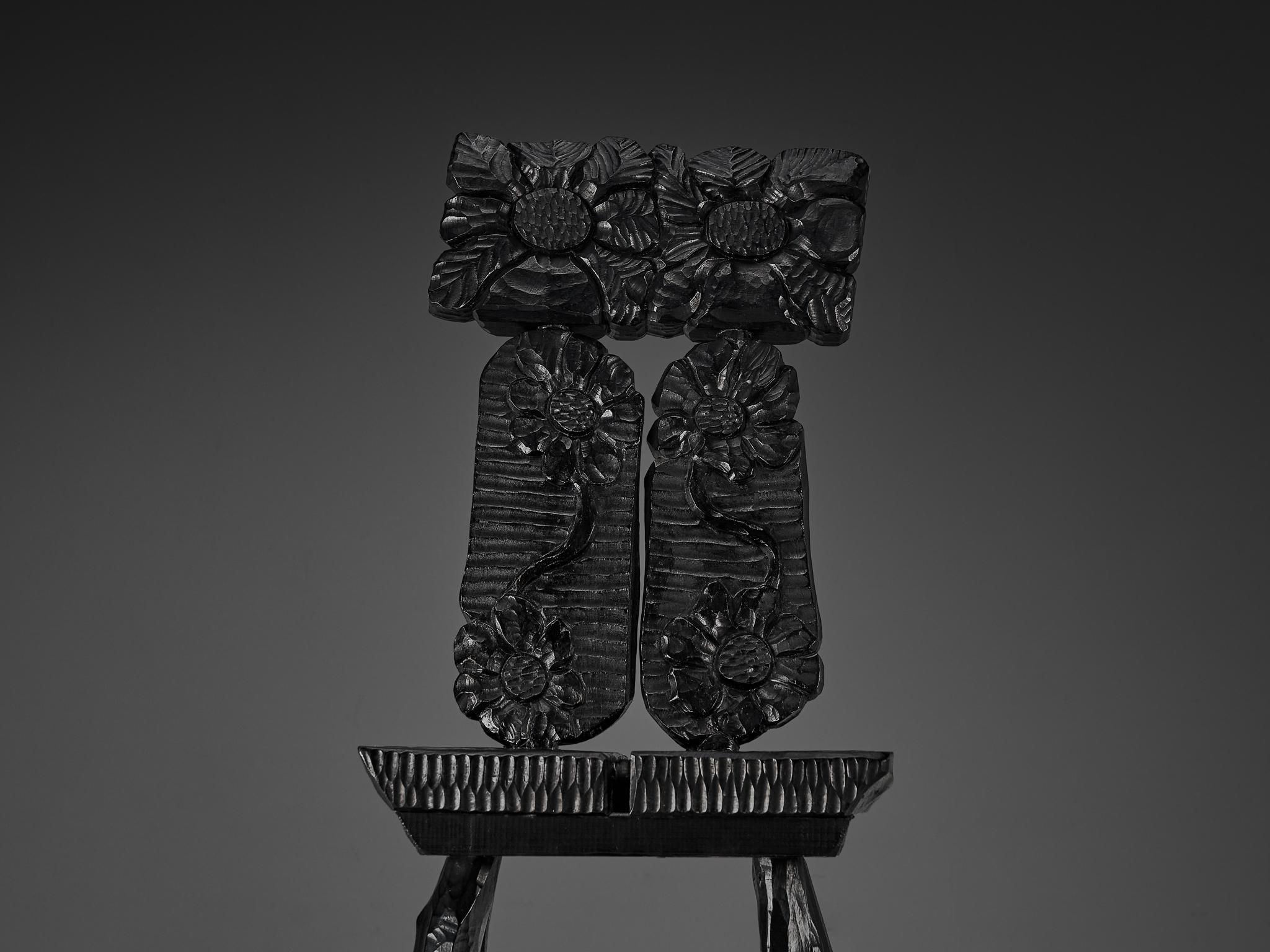 Sculptural Dining Chairs in Black Lacquered Wood with Decorative Carvings seating Morentz