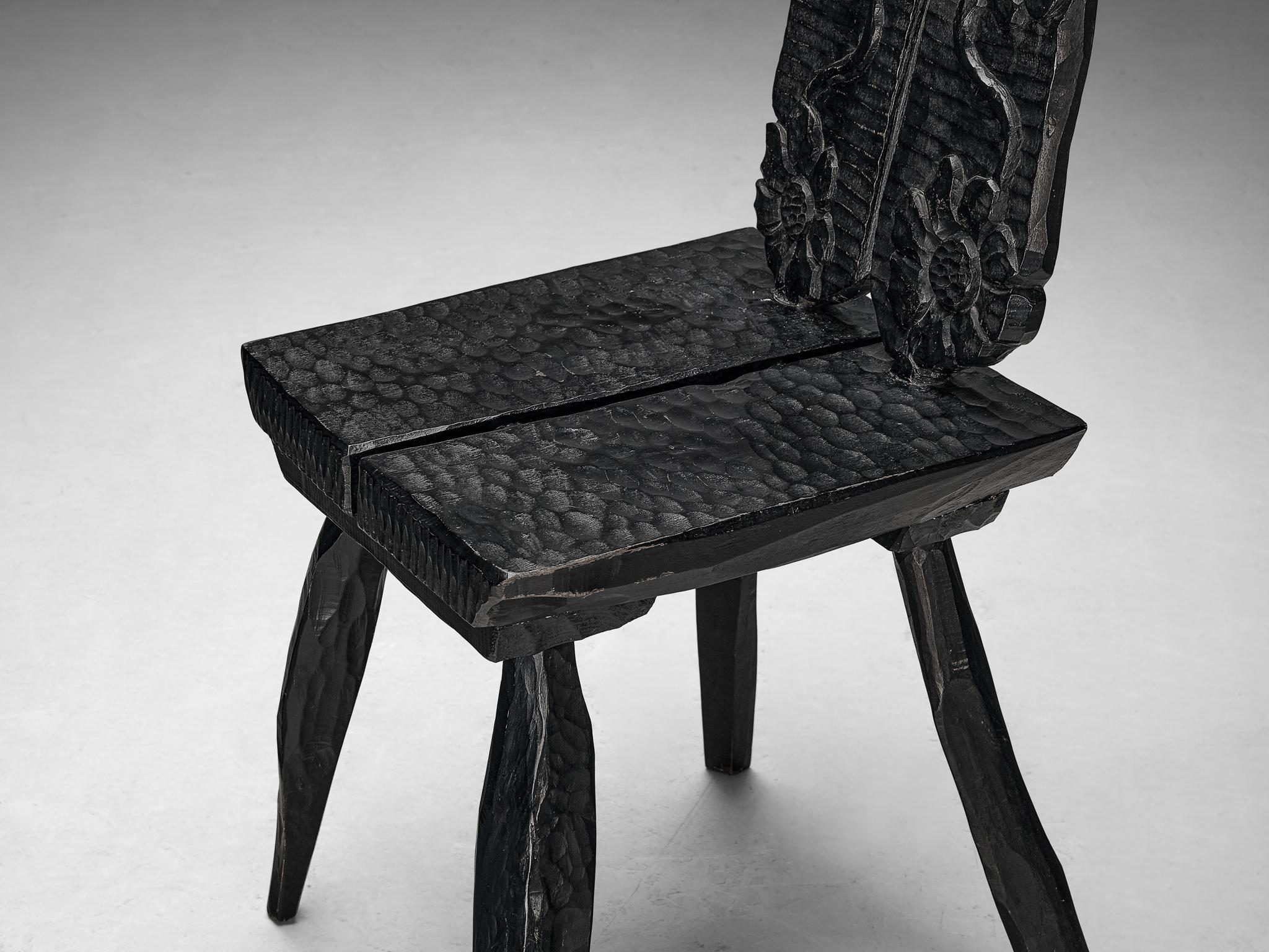 Sculptural Dining Chairs in Black Lacquered Wood with Decorative Carvings seating Morentz