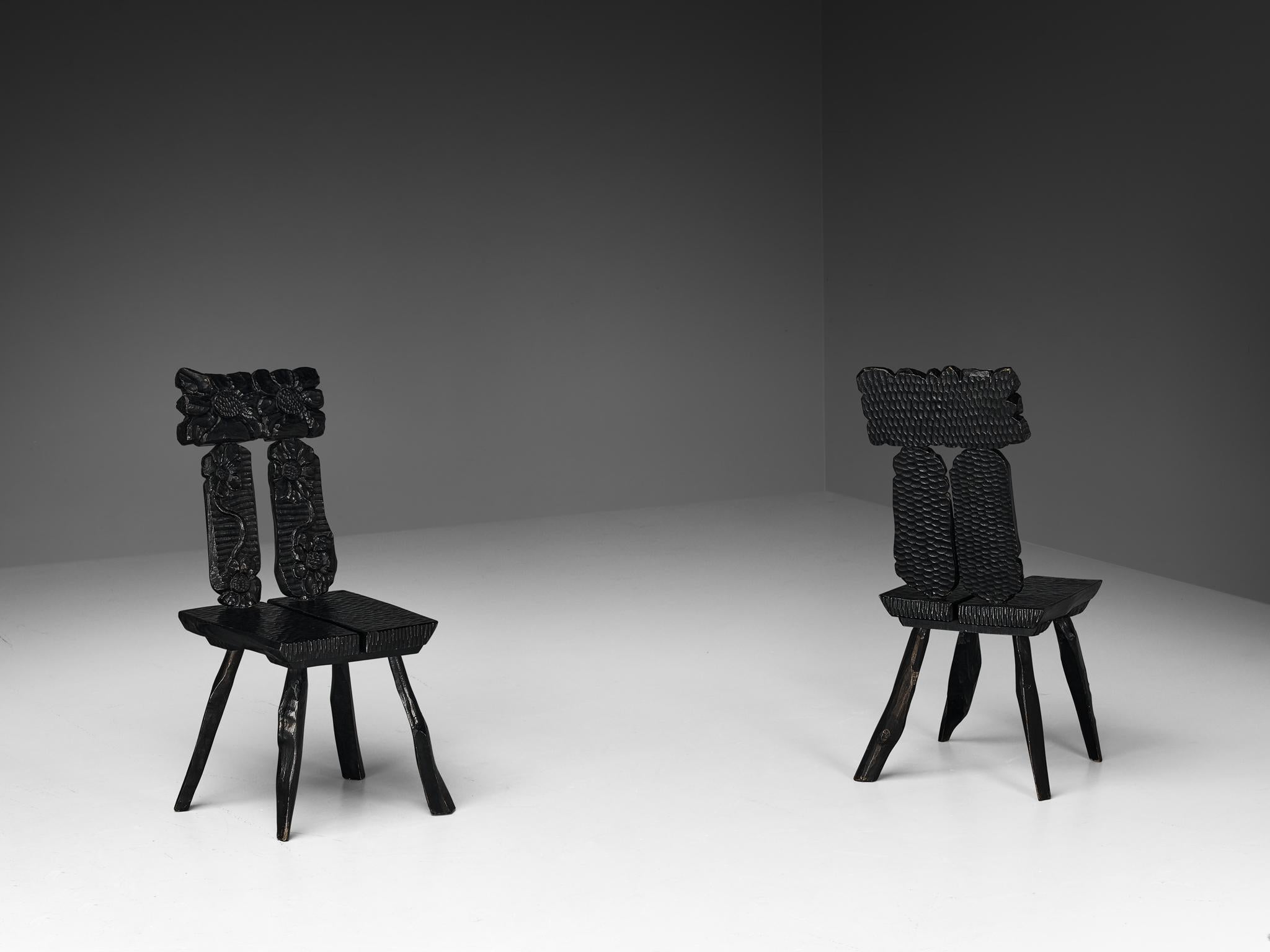 Sculptural Dining Chairs in Black Lacquered Wood with Decorative Carvings seating Morentz
