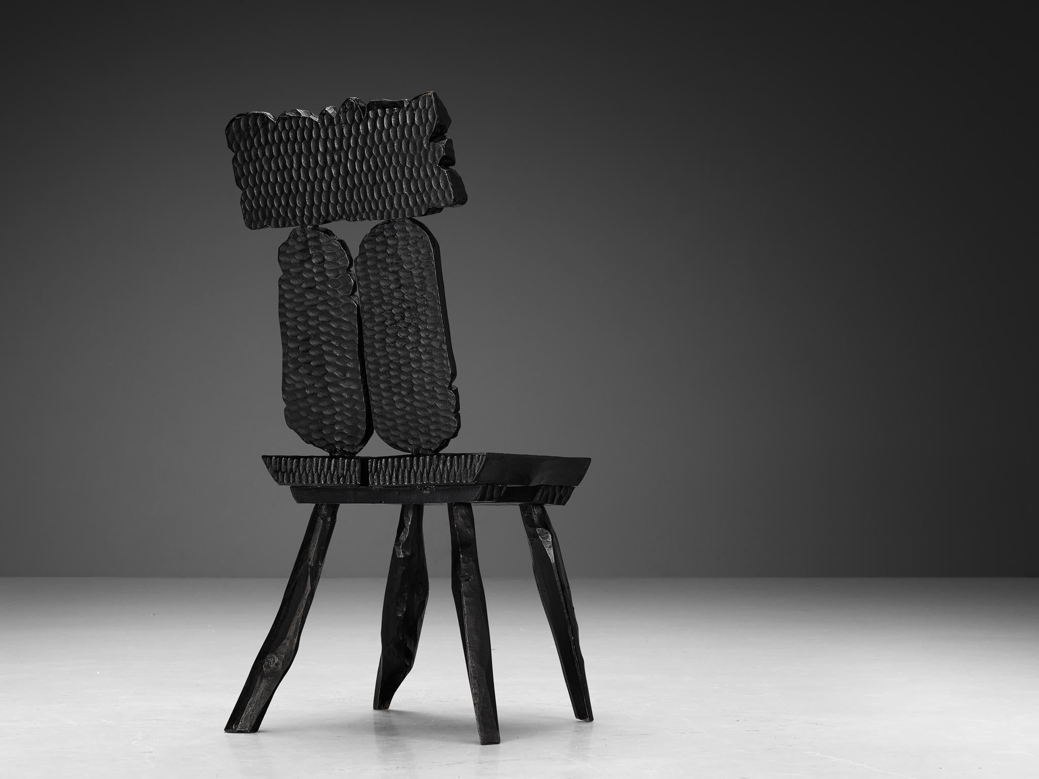 Sculptural Dining Chairs in Black Lacquered Wood with Decorative Carvings seating Morentz