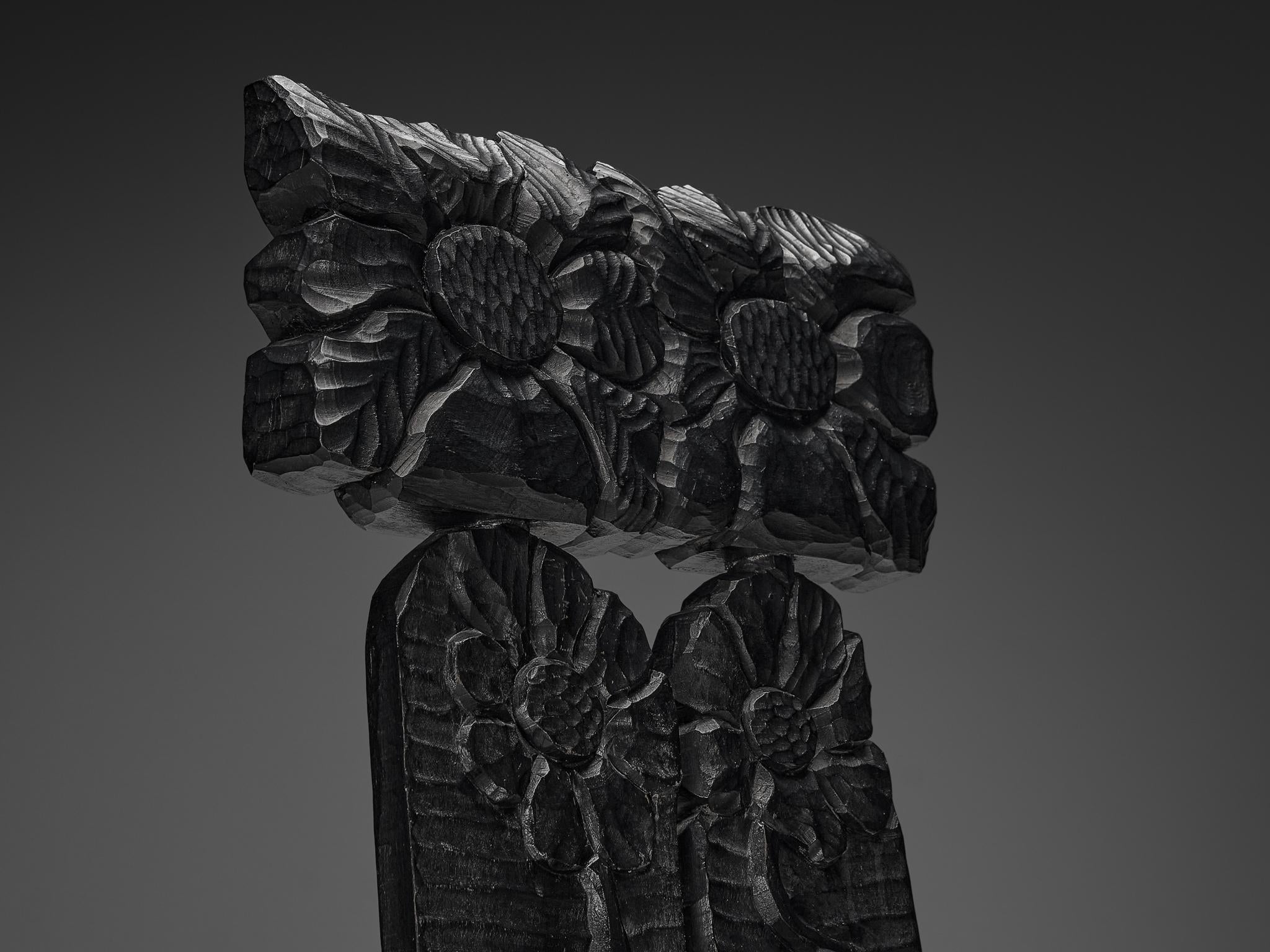 Sculptural Dining Chairs in Black Lacquered Wood with Decorative Carvings seating Morentz