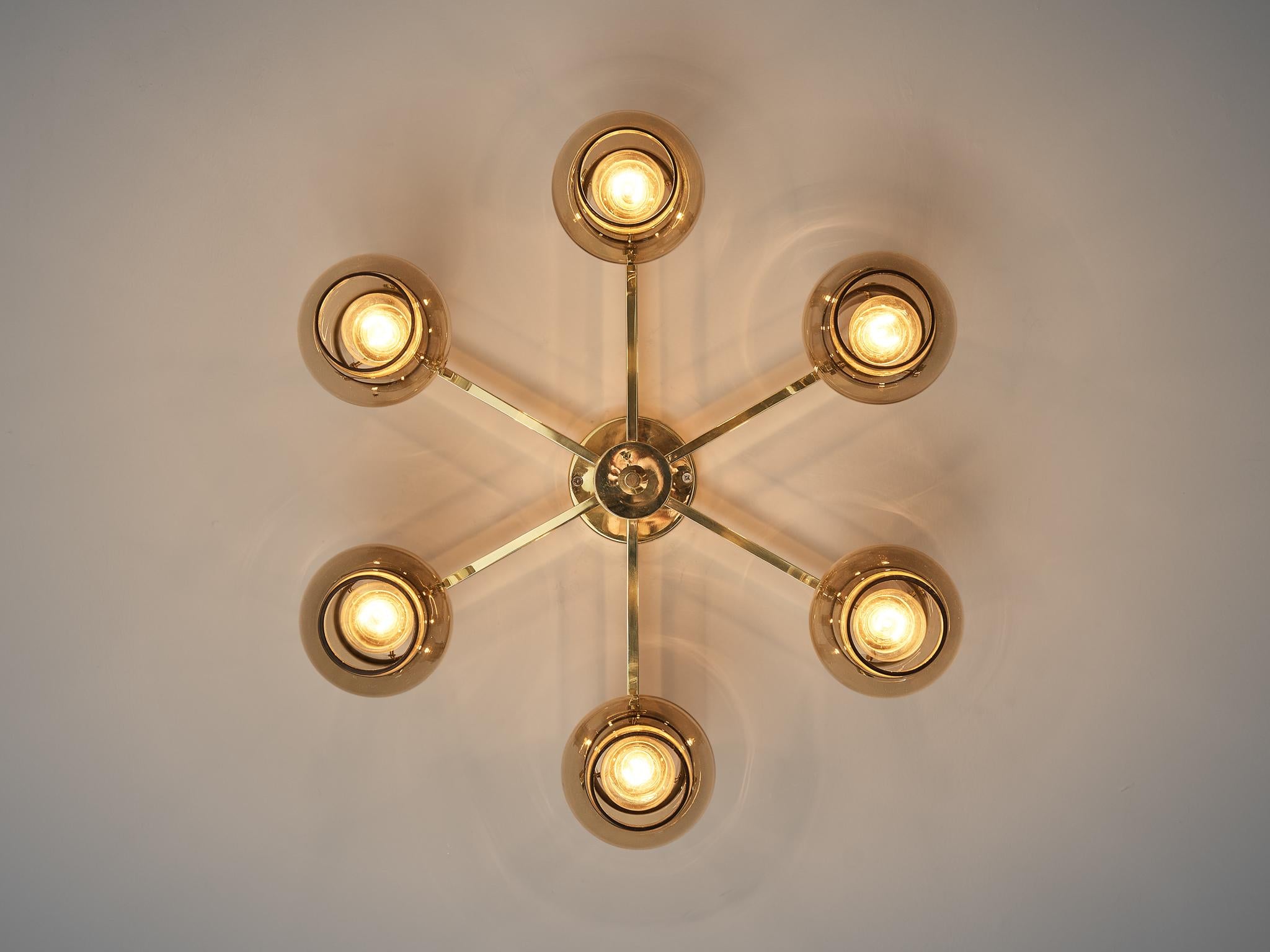 Swedish Ceiling Lamp in Brass with Smoked Glass Shades