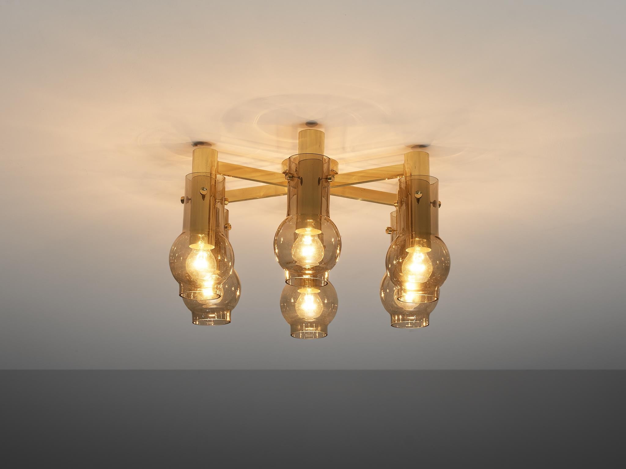 Swedish Ceiling Lamp in Brass with Smoked Glass Shades