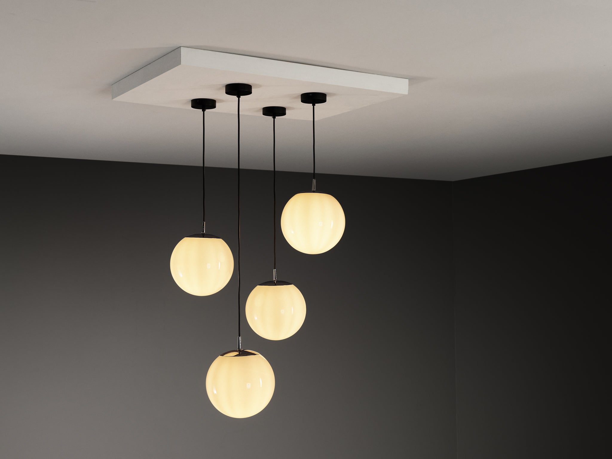 Mid-Century Modern Set of Four Pendants with White Glass Spheres Lighting Morentz