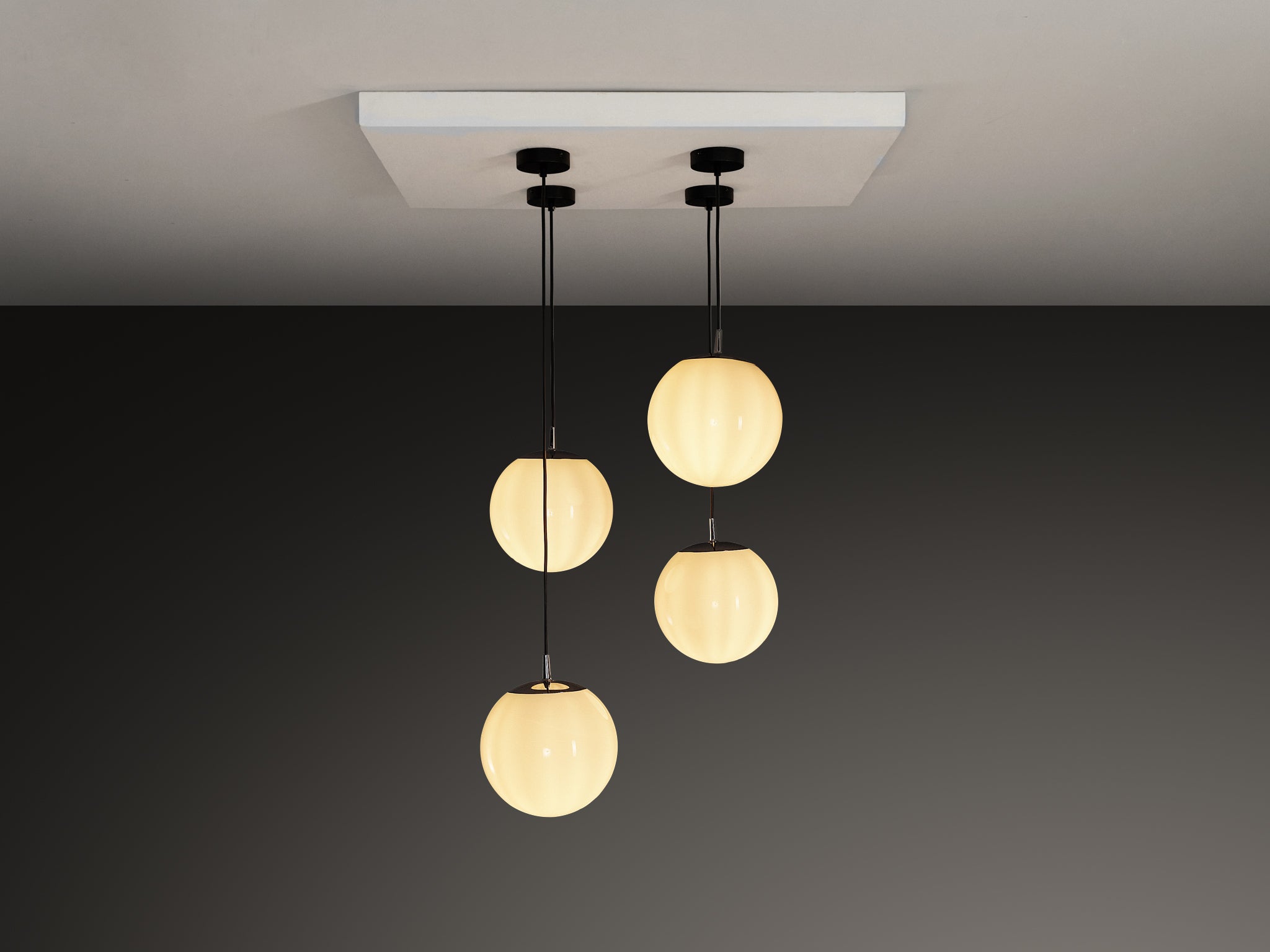 Mid-Century Modern Set of Four Pendants with White Glass Spheres Lighting Morentz