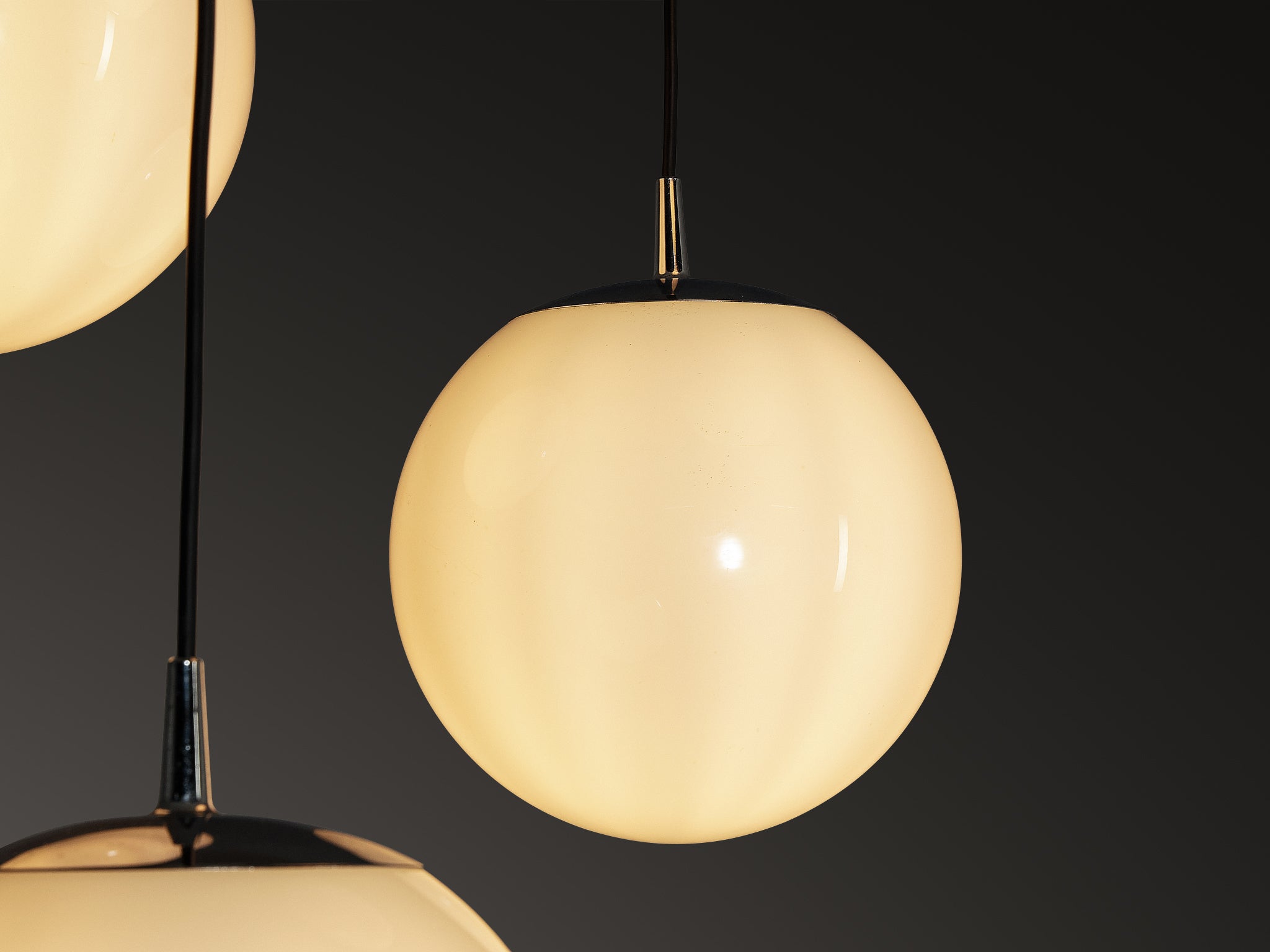 Mid-Century Modern Set of Four Pendants with White Glass Spheres Lighting Morentz