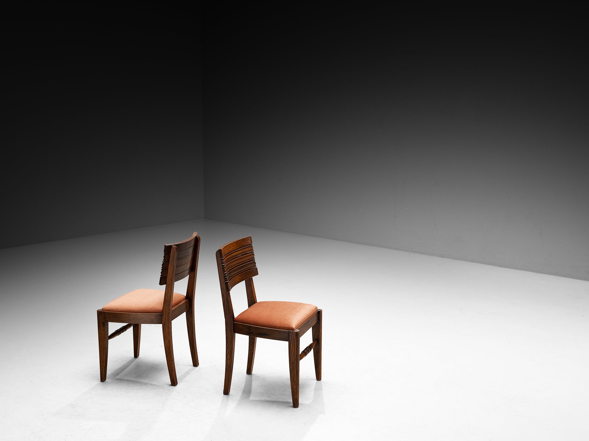 French Art Deco Set of Six Dining Chairs in Oak and Dusty Pink Velvet Seating Morentz