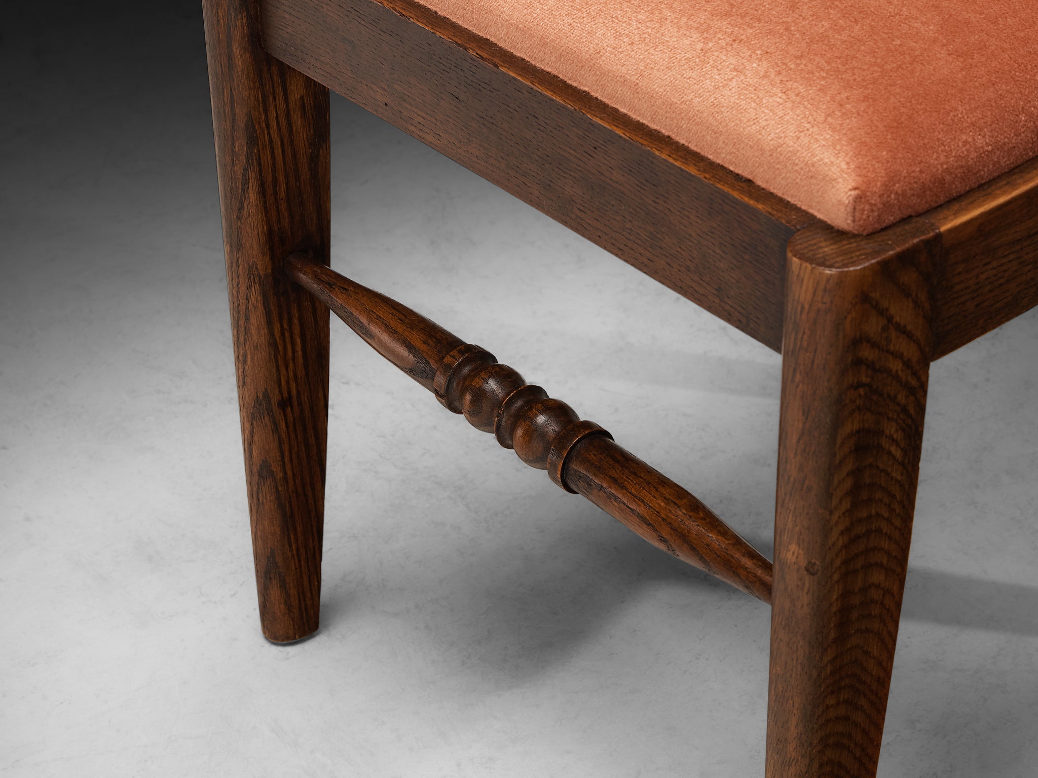 French Art Deco Set of Six Dining Chairs in Oak and Dusty Pink Velvet Seating Morentz