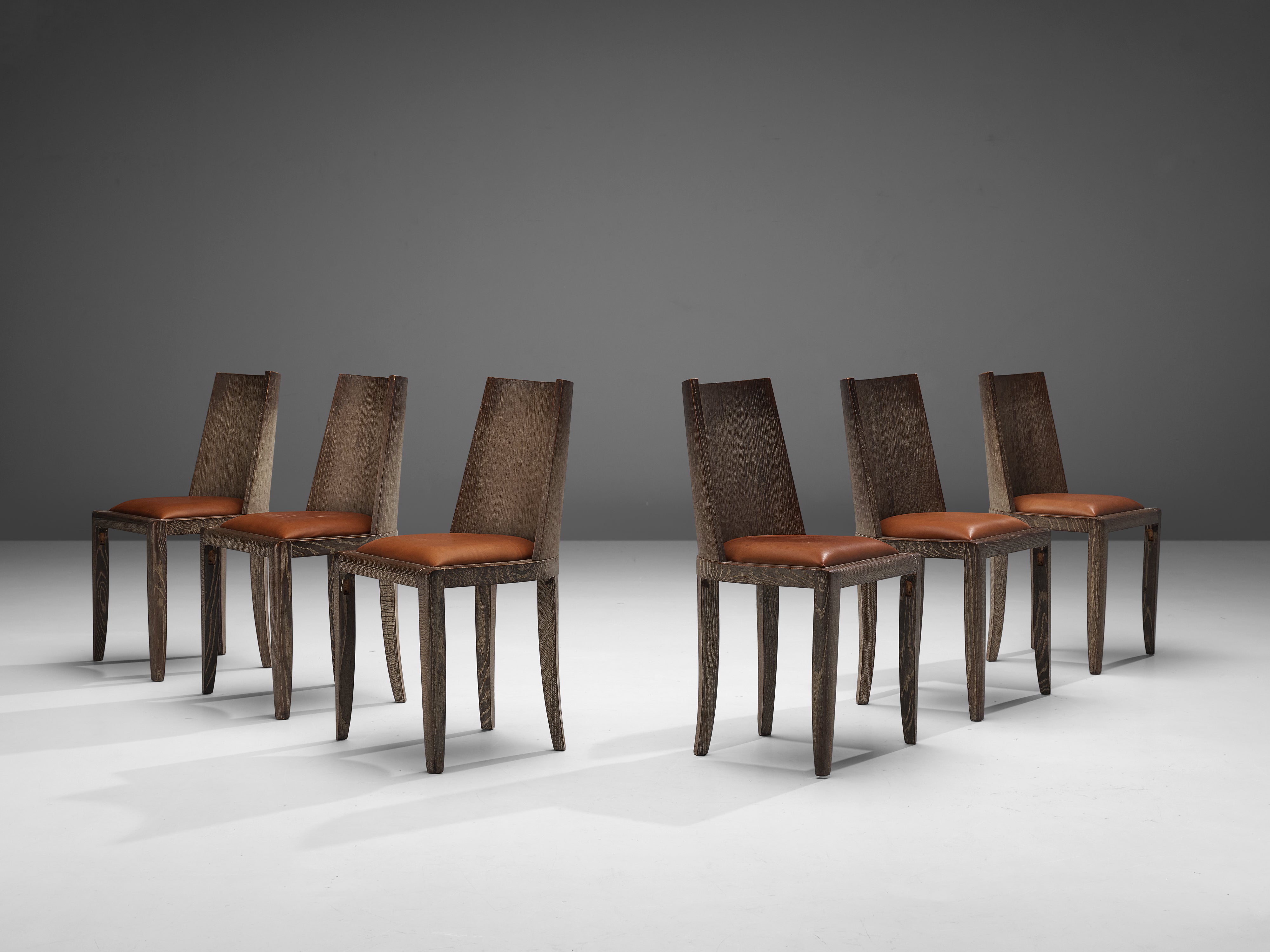Art Deco Set of Six Dining Chairs in Cerused Oak and Leather Seating Morentz