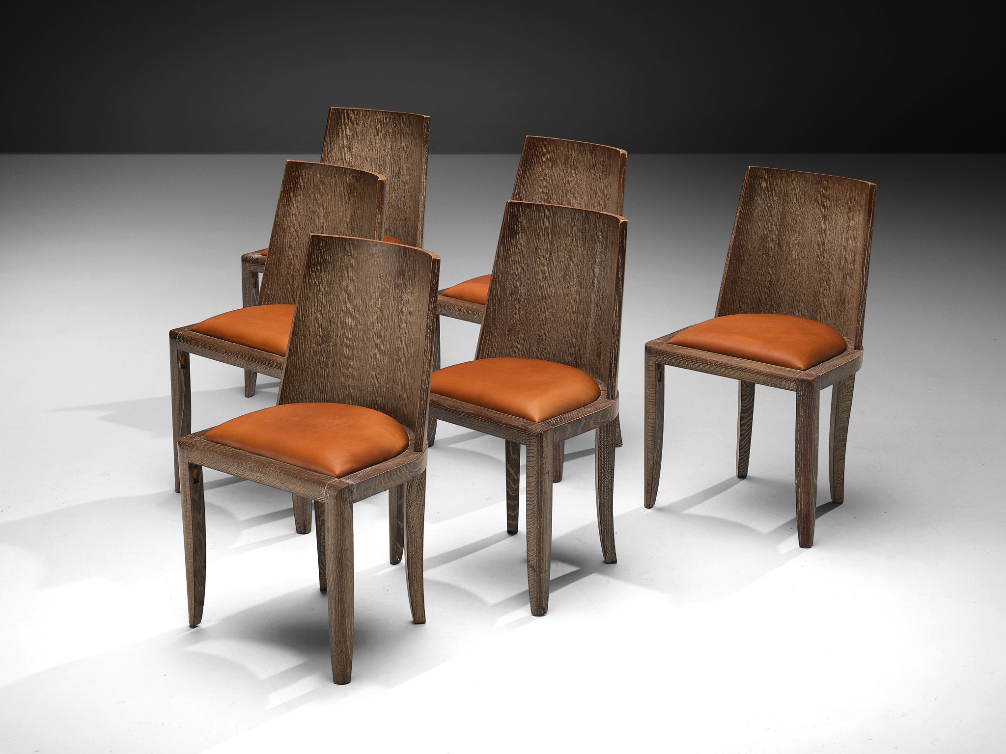 Art Deco Set of Six Dining Chairs in Cerused Oak and Leather Seating Morentz