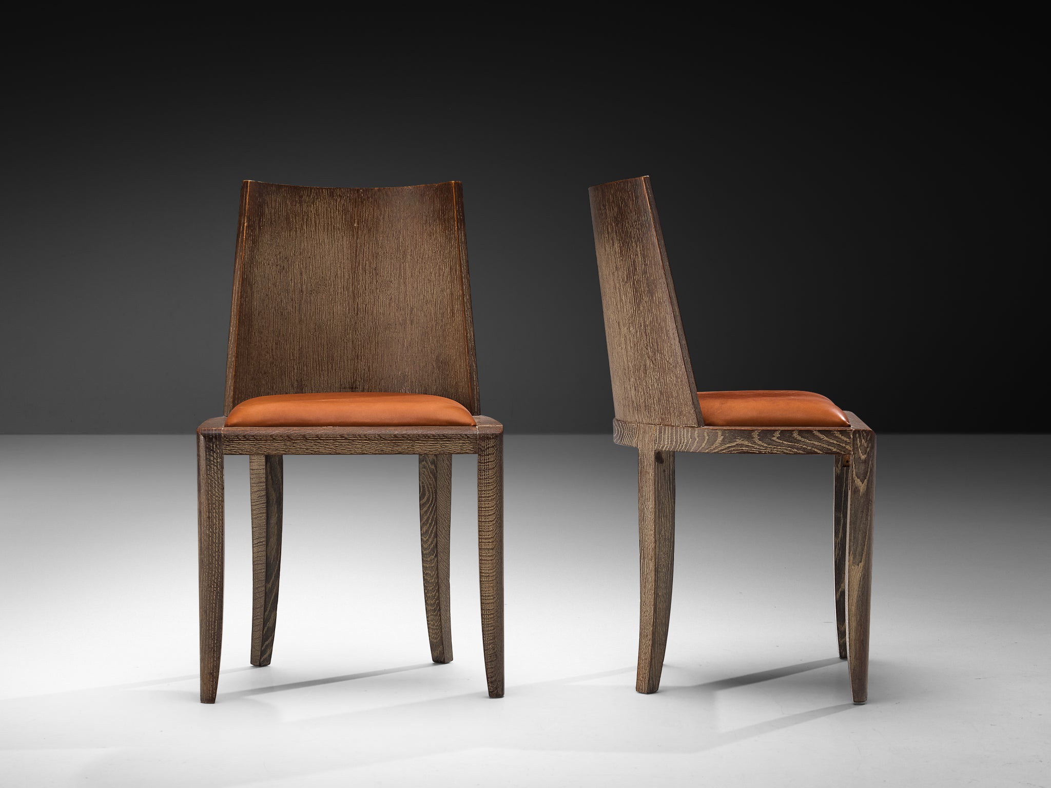 Art Deco Set of Six Dining Chairs in Cerused Oak and Leather Seating Morentz