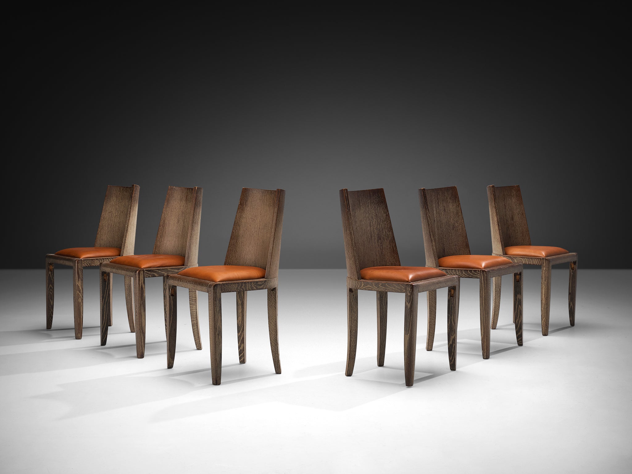 Art Deco Set of Six Dining Chairs in Cerused Oak and Leather Seating Morentz