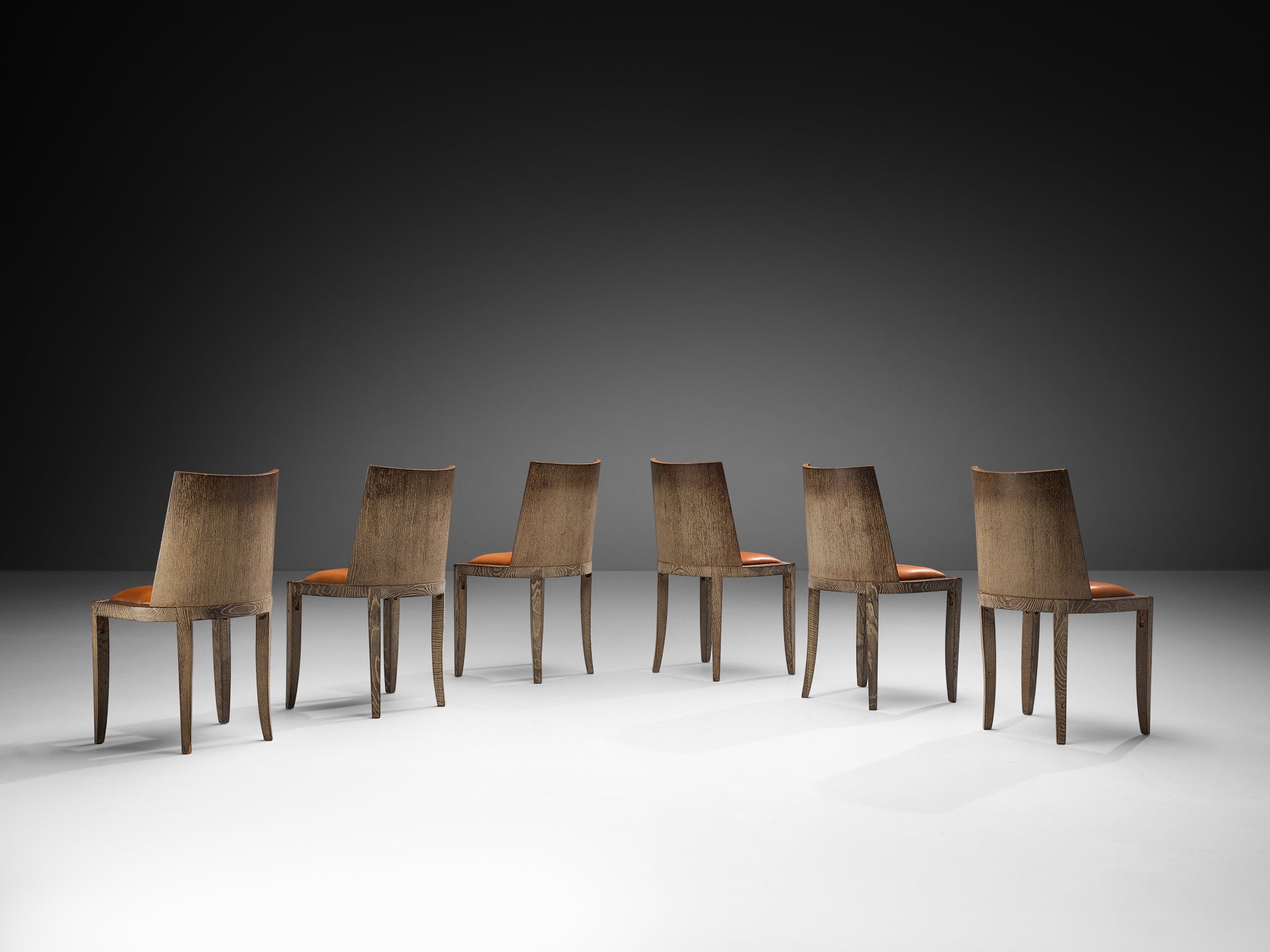 Art Deco Set of Six Dining Chairs in Cerused Oak and Leather Seating Morentz