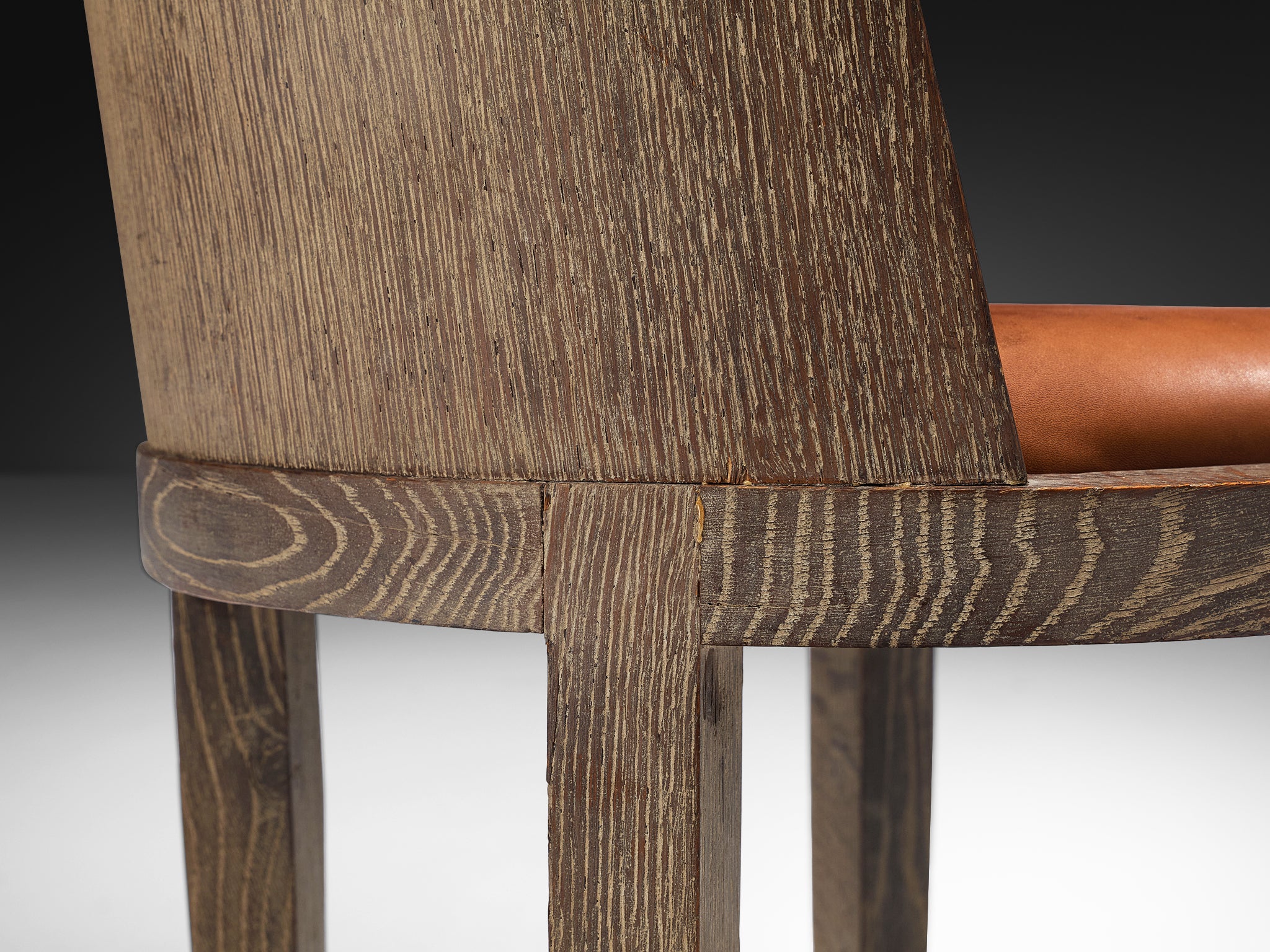 Art Deco Set of Six Dining Chairs in Cerused Oak and Leather Seating Morentz