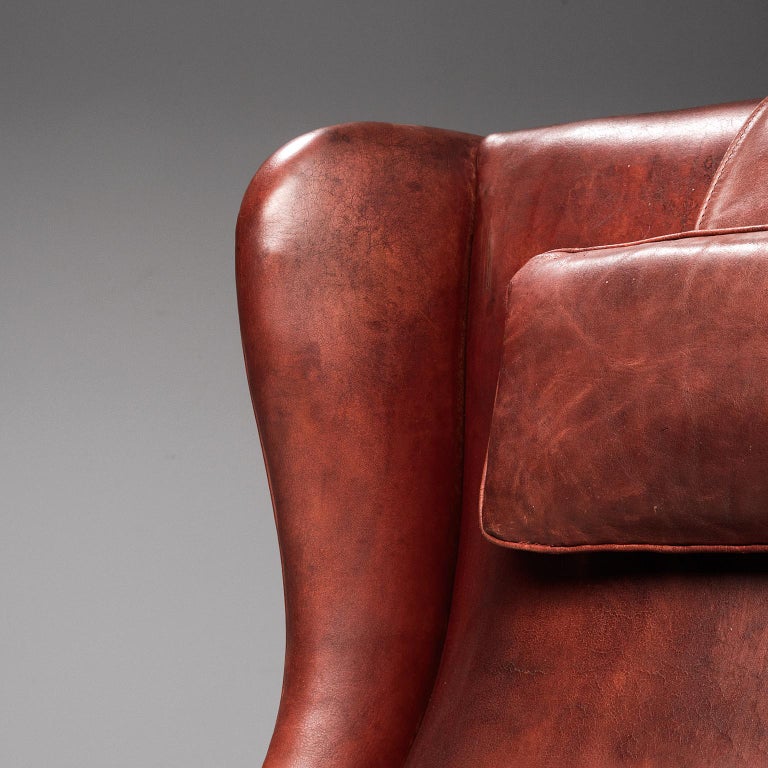 Frits Henningsen Lounge Chair with Ottoman in Original Burgundy Leather