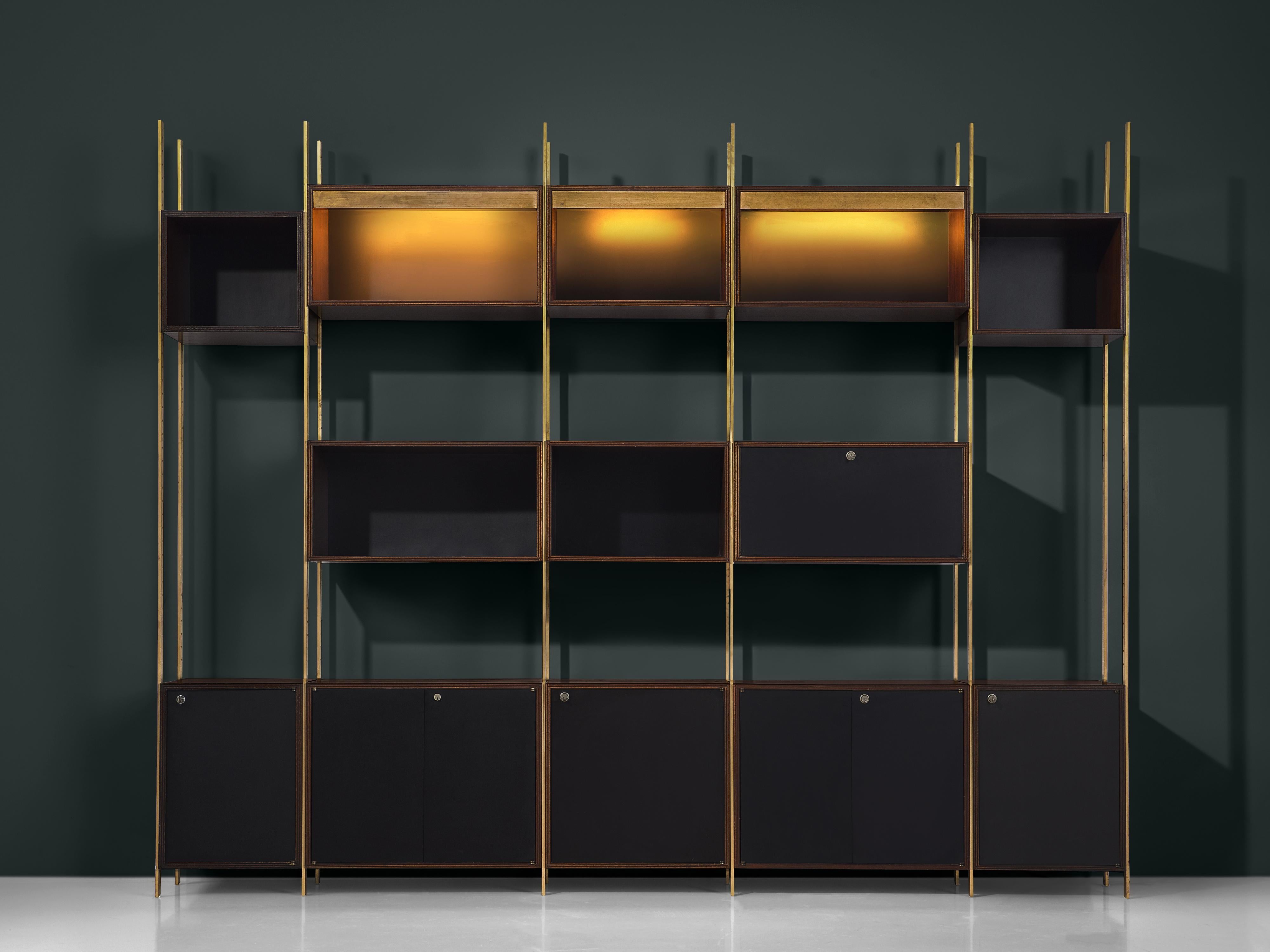 Jules Wabbes Illuminated Library in Wood and Brass case pieces and storage cabinets Morentz