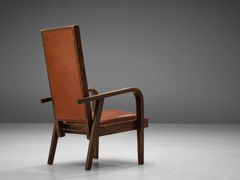 Adjustable Armchair in Red Leather and Oak