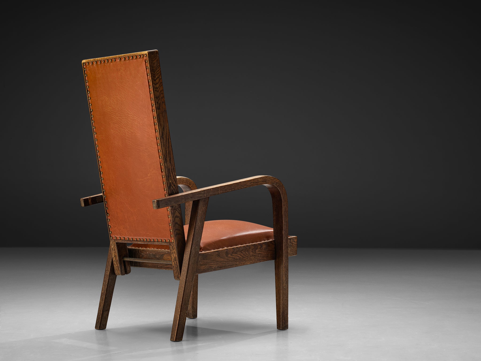 Art Deco Armchair in Red Brown Leather and Oak with Adjustable Tall Back Seating Morentz