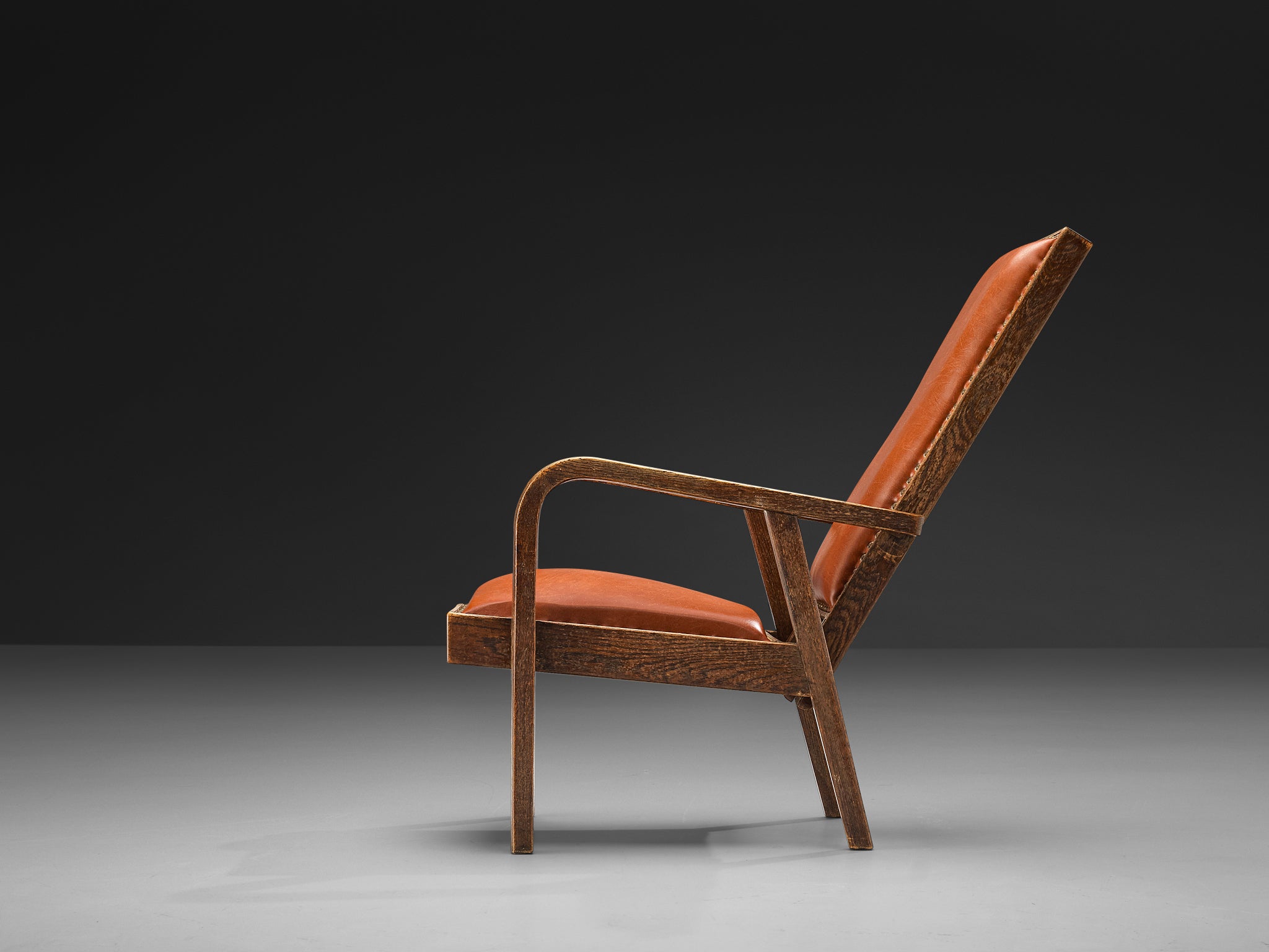 Art Deco Armchair in Red Brown Leather and Oak with Adjustable Tall Back Seating Morentz