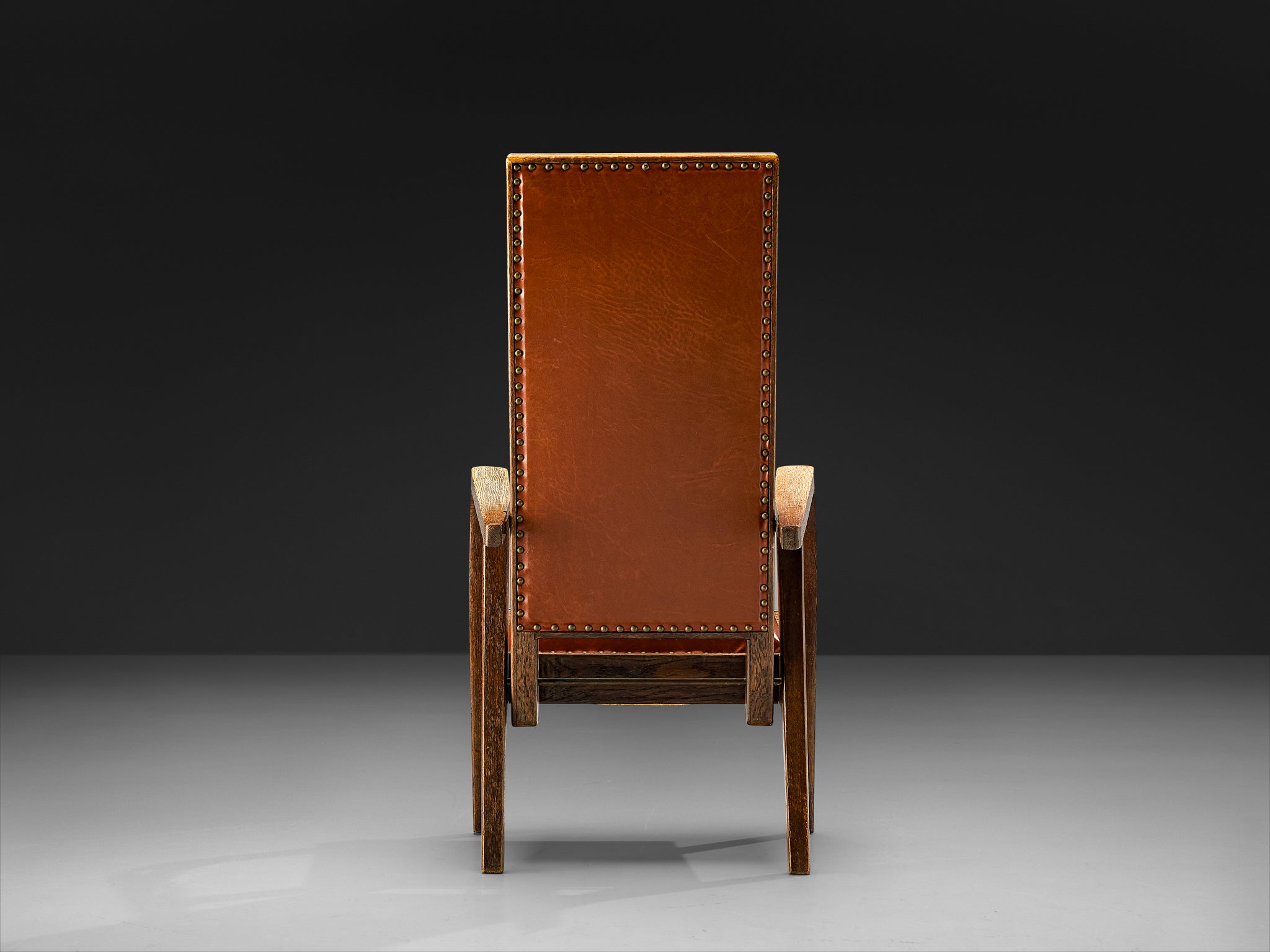 Art Deco Armchair in Red Brown Leather and Oak with Adjustable Tall Back Seating Morentz