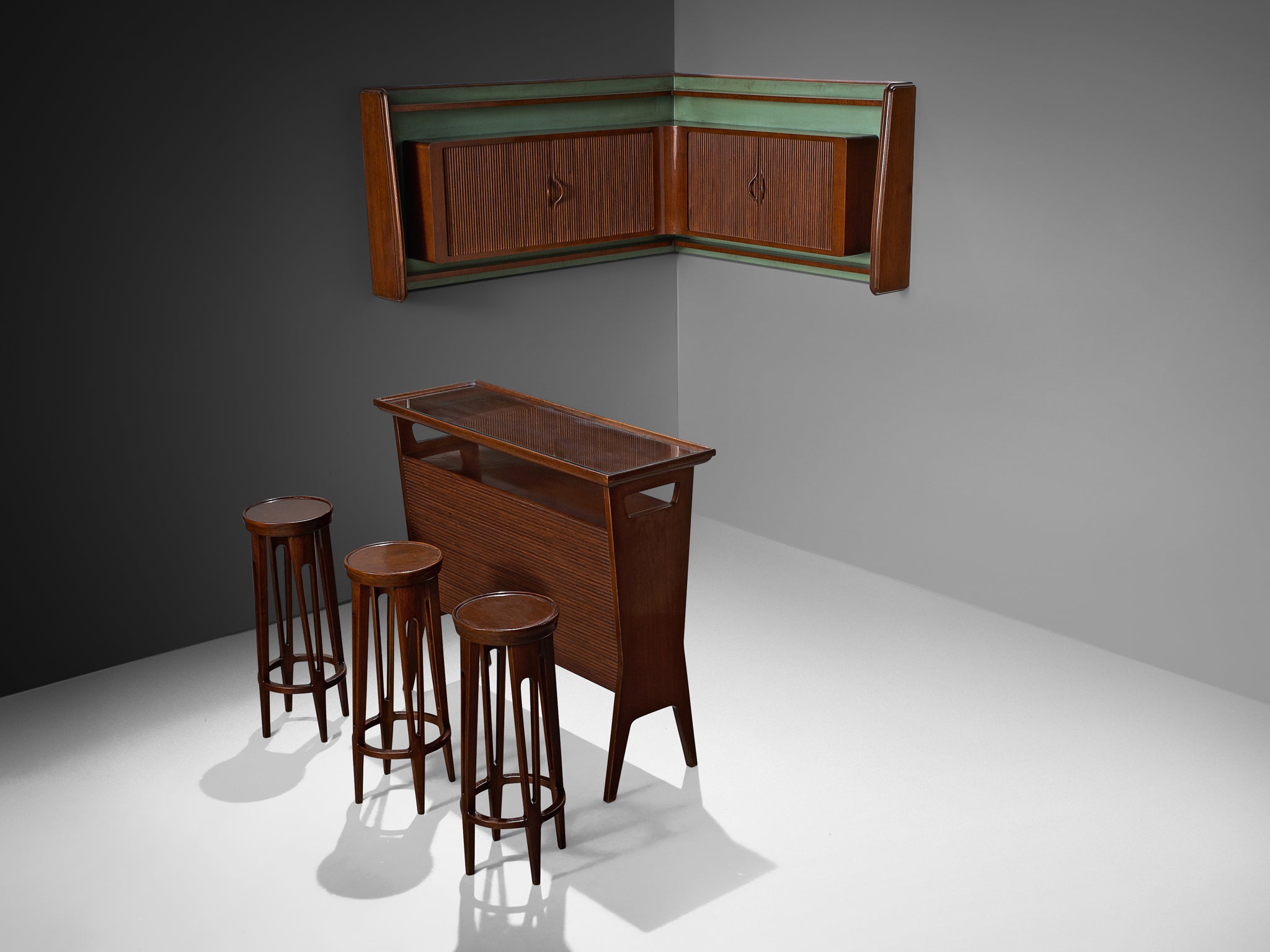 Mid-Century Modern Italian Home Bar With Cabinet and Stools in Walnut Case pieces and storage cabinets Morentz