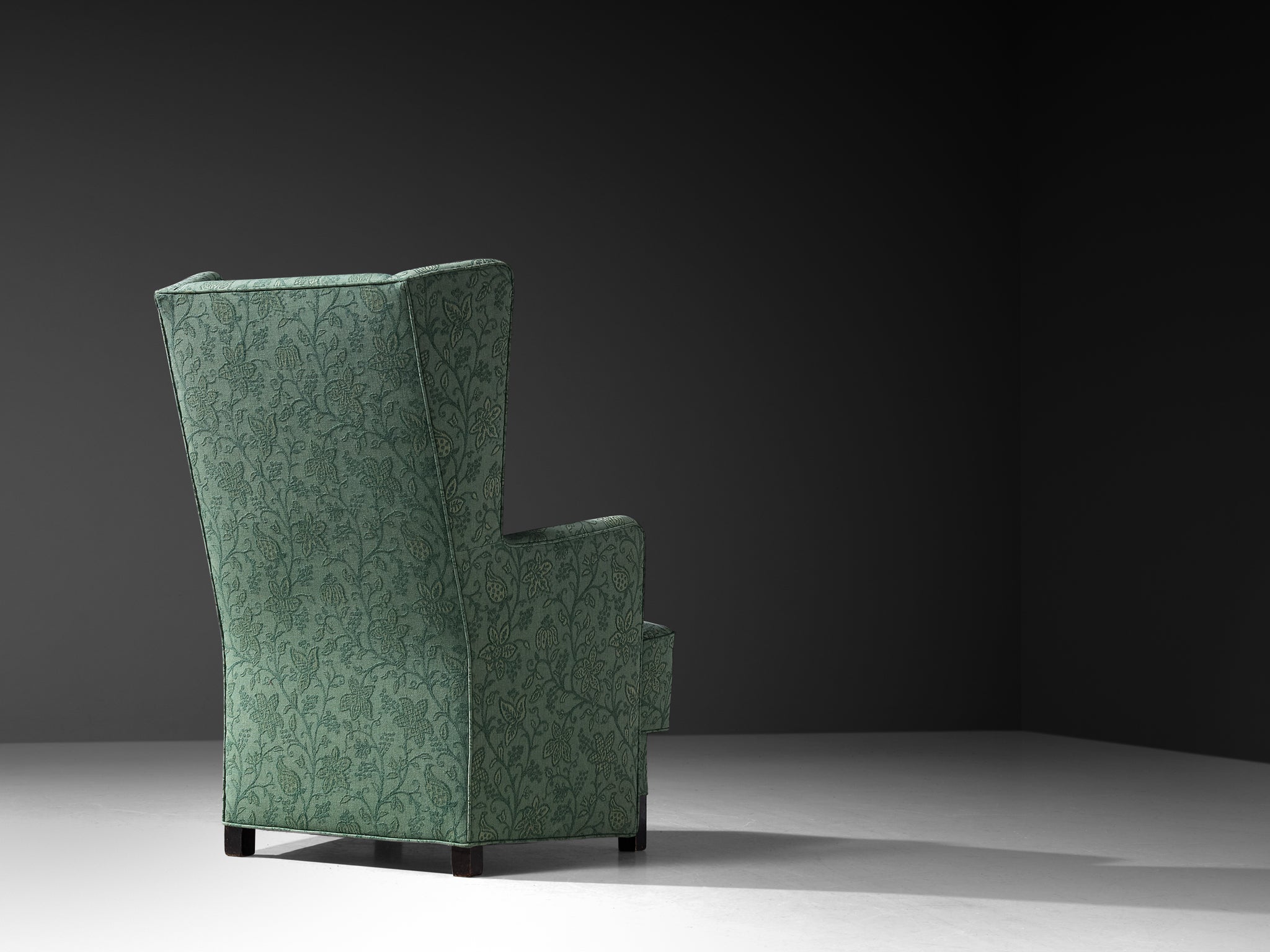 Swedish Art Deco Wing Back Chair in Mint Green Floral Upholstery Seating Morentz