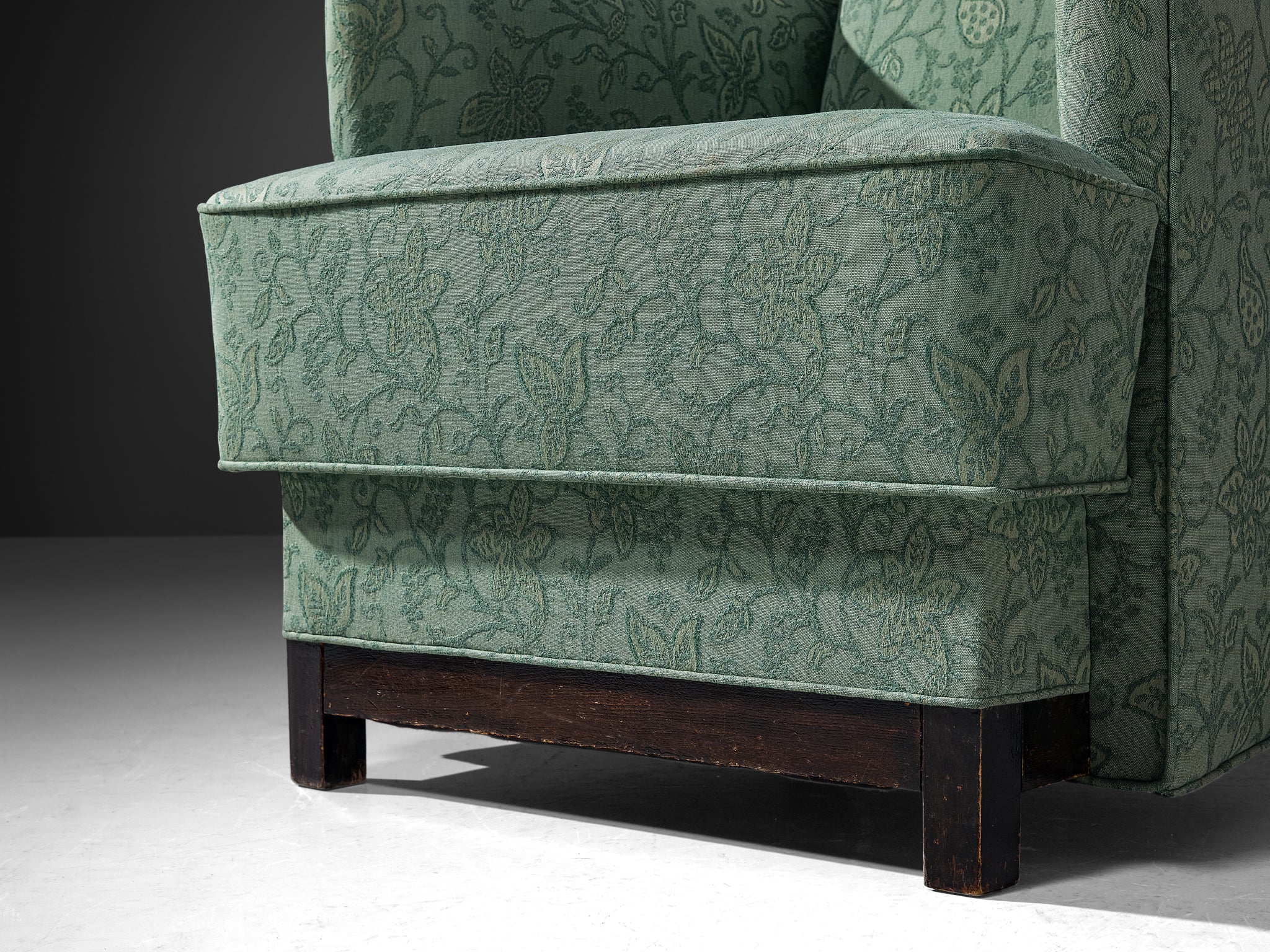 Swedish Art Deco Wing Back Chair in Mint Green Floral Upholstery Seating Morentz