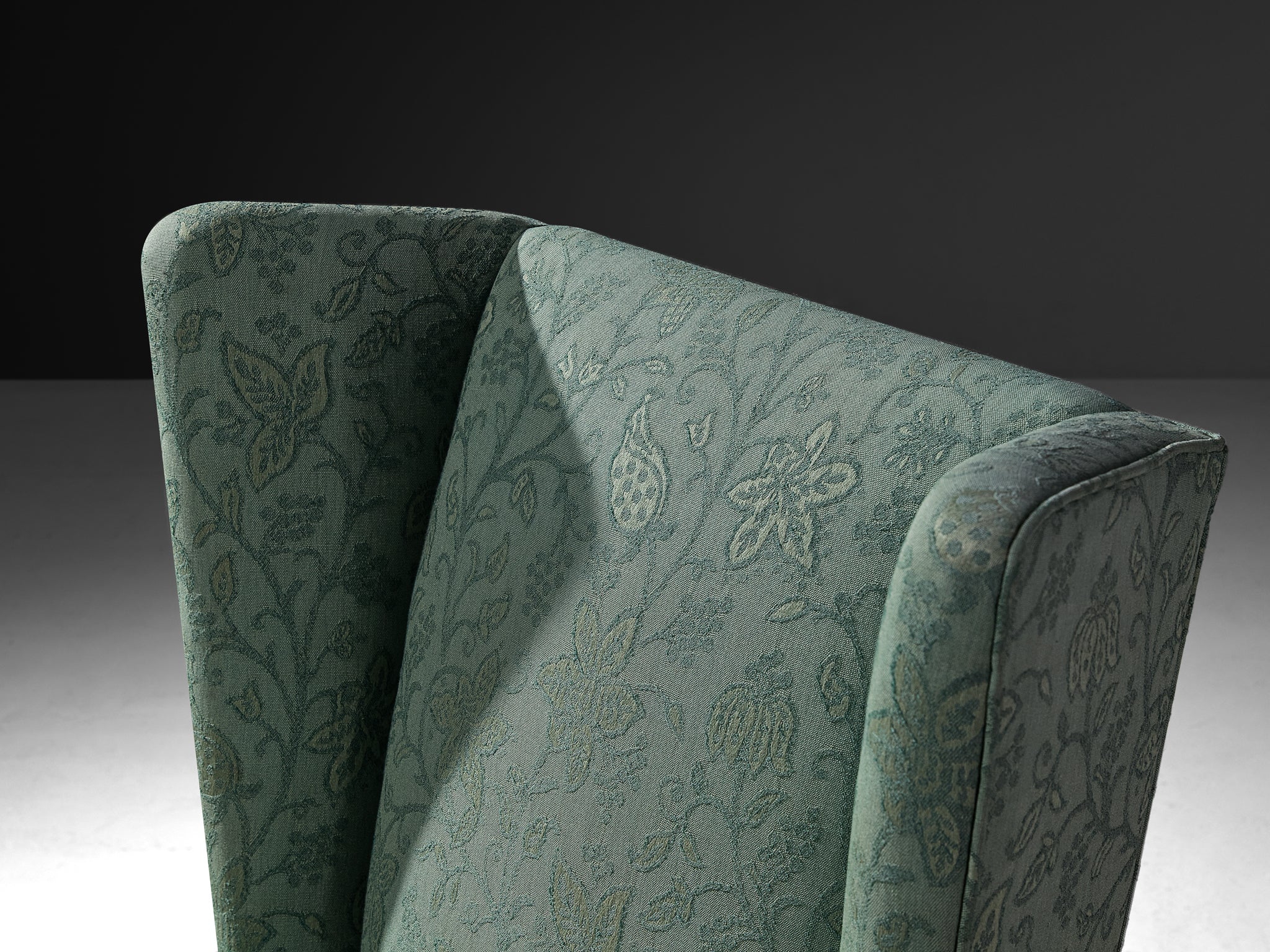 Swedish Art Deco Wing Back Chair in Mint Green Floral Upholstery Seating Morentz