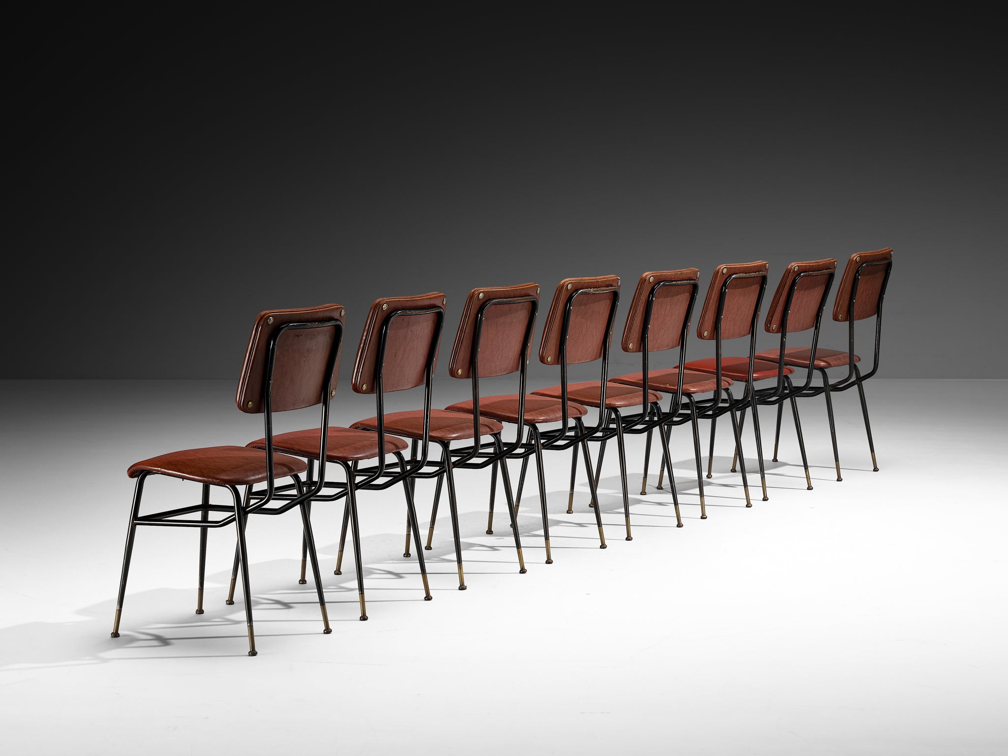 Mid-century Modern Set of Eight Italian Dining Chairs with Brass Feet Seating Morentz