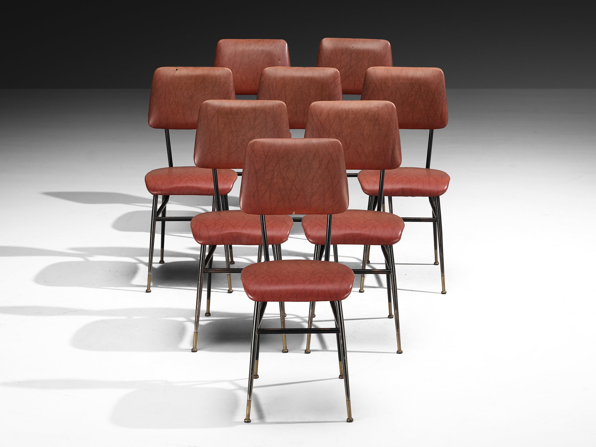 Mid-century Modern Set of Eight Italian Dining Chairs with Brass Feet Seating Morentz