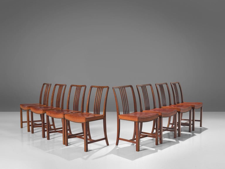 Jørgen Christensens Set of Eight Dining Chairs in Cognac Leather and Oak