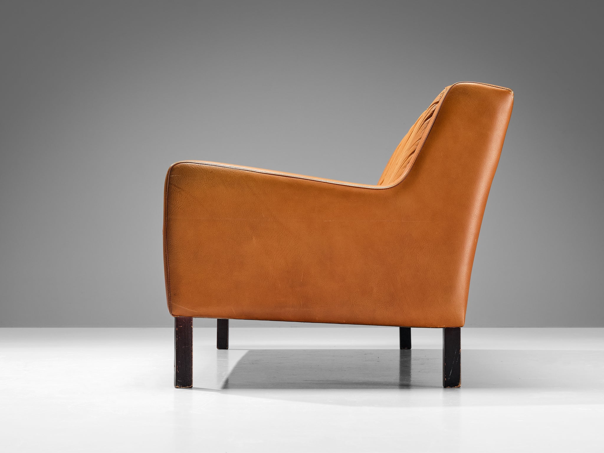 1960s Danish Three-Seat Sofa in Cognac Leather and Wood seating Morentz